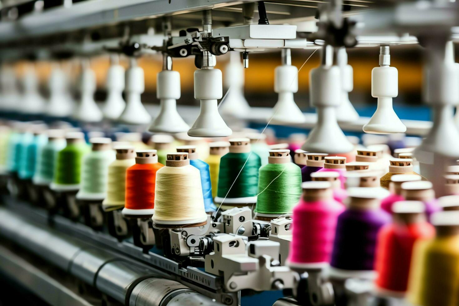 textil- trasa fabrik industri med broderi maskin, stickning eller spinning. sömnad tråd företag begrepp förbi ai genererad foto