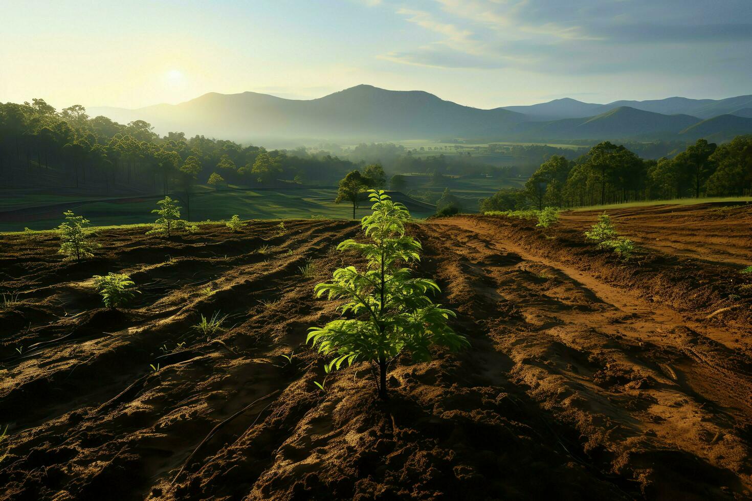 skön se av en te fält plantage, vingård bruka eller jordgubb trädgård i de grön kullar på soluppgång begrepp förbi ai genererad foto