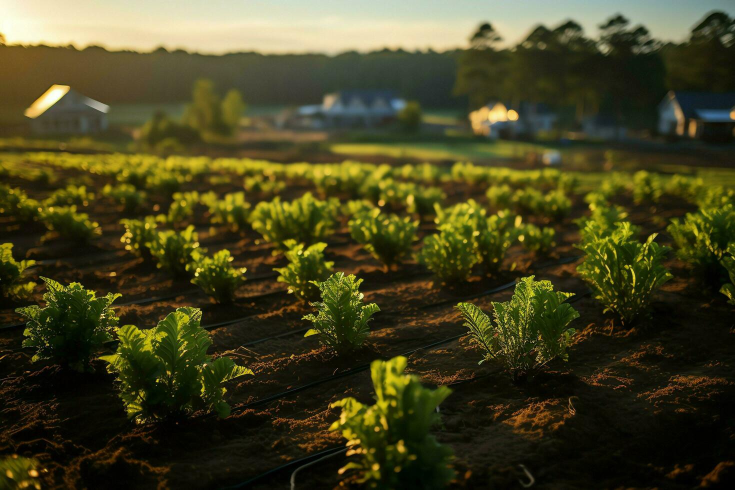 skön se av en te fält plantage, vingård bruka eller jordgubb trädgård i de grön kullar på soluppgång begrepp förbi ai genererad foto