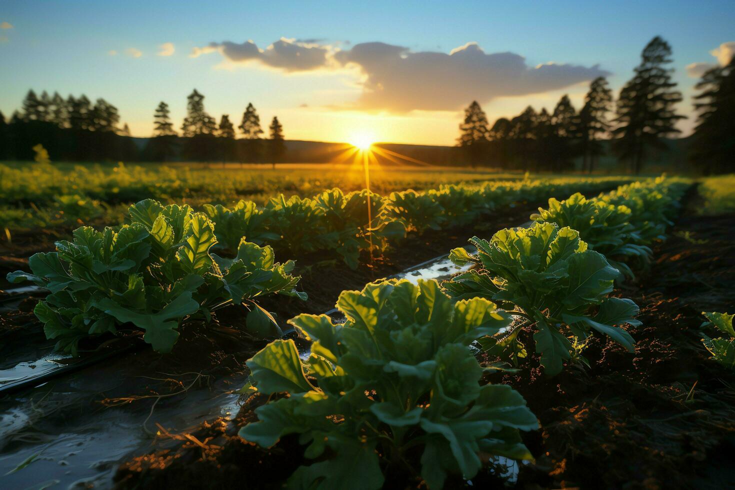 skön se av en te fält plantage, vingård bruka eller jordgubb trädgård i de grön kullar på soluppgång begrepp förbi ai genererad foto