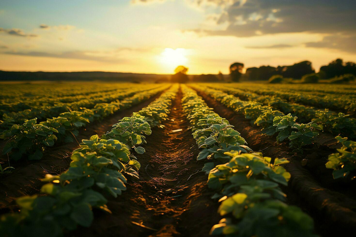 skön se av en te fält plantage, vingård bruka eller jordgubb trädgård i de grön kullar på soluppgång begrepp förbi ai genererad foto