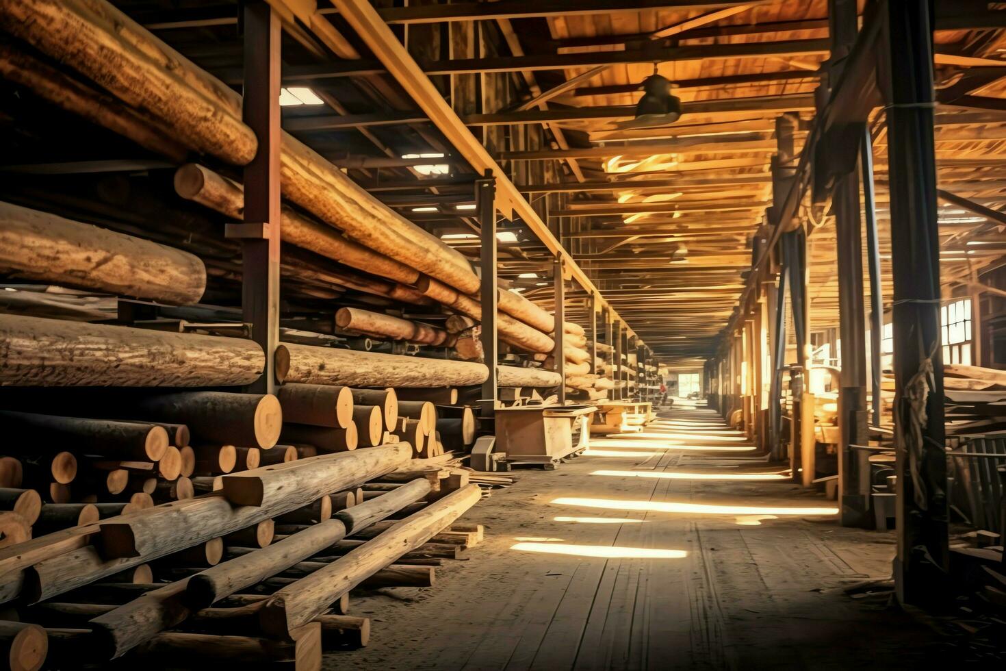 trä- planka eller styrelse i de virke kvarn industri. stack av loggar och trä i de sågverk produktion begrepp förbi ai genererad foto