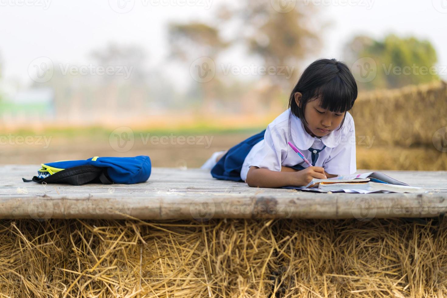 asiatisk student i uniform som studerar på landsbygden i Thailand foto