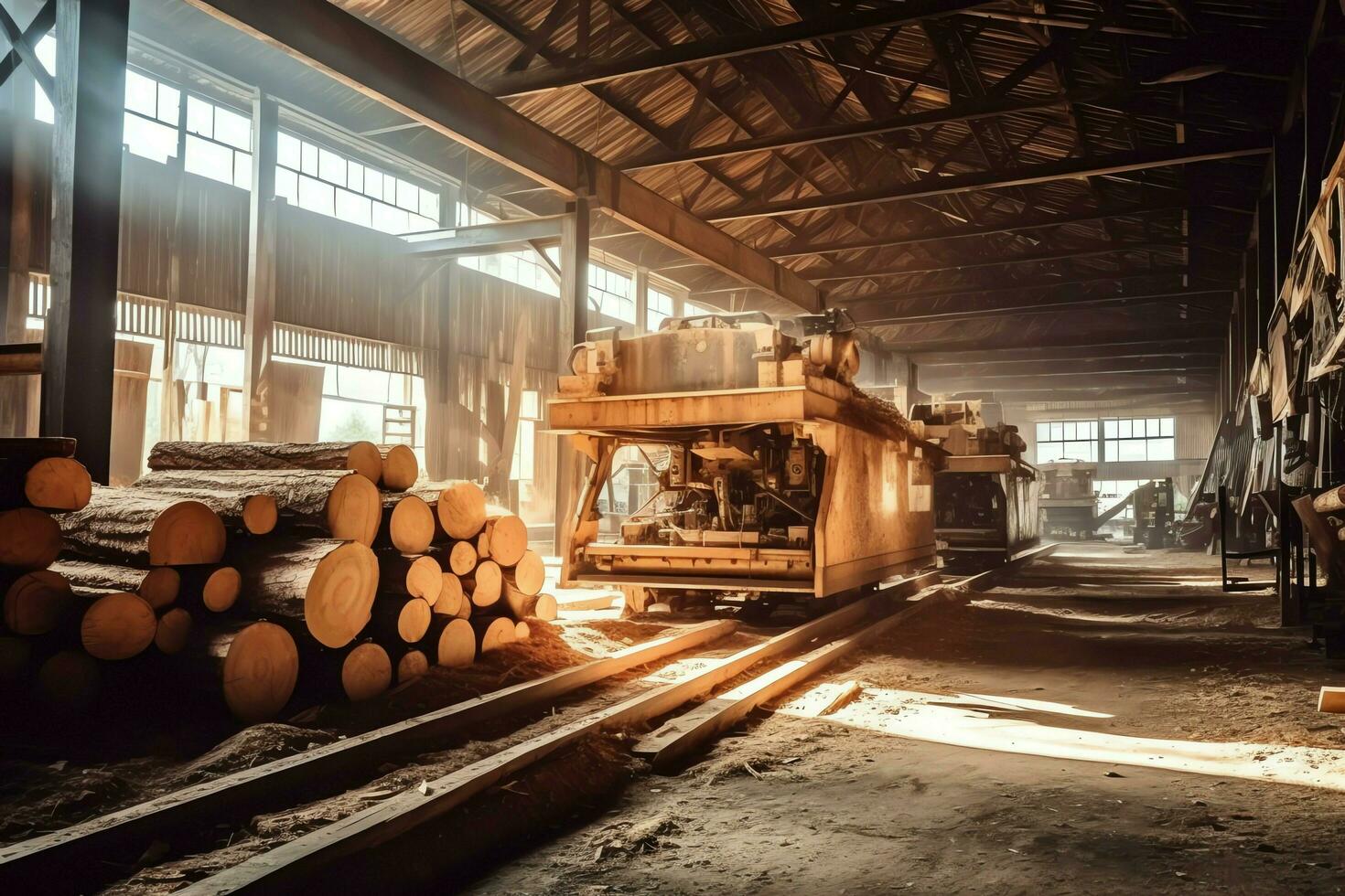 trä- planka eller styrelse i de virke kvarn industri. stack av loggar och trä i de sågverk produktion begrepp förbi ai genererad foto