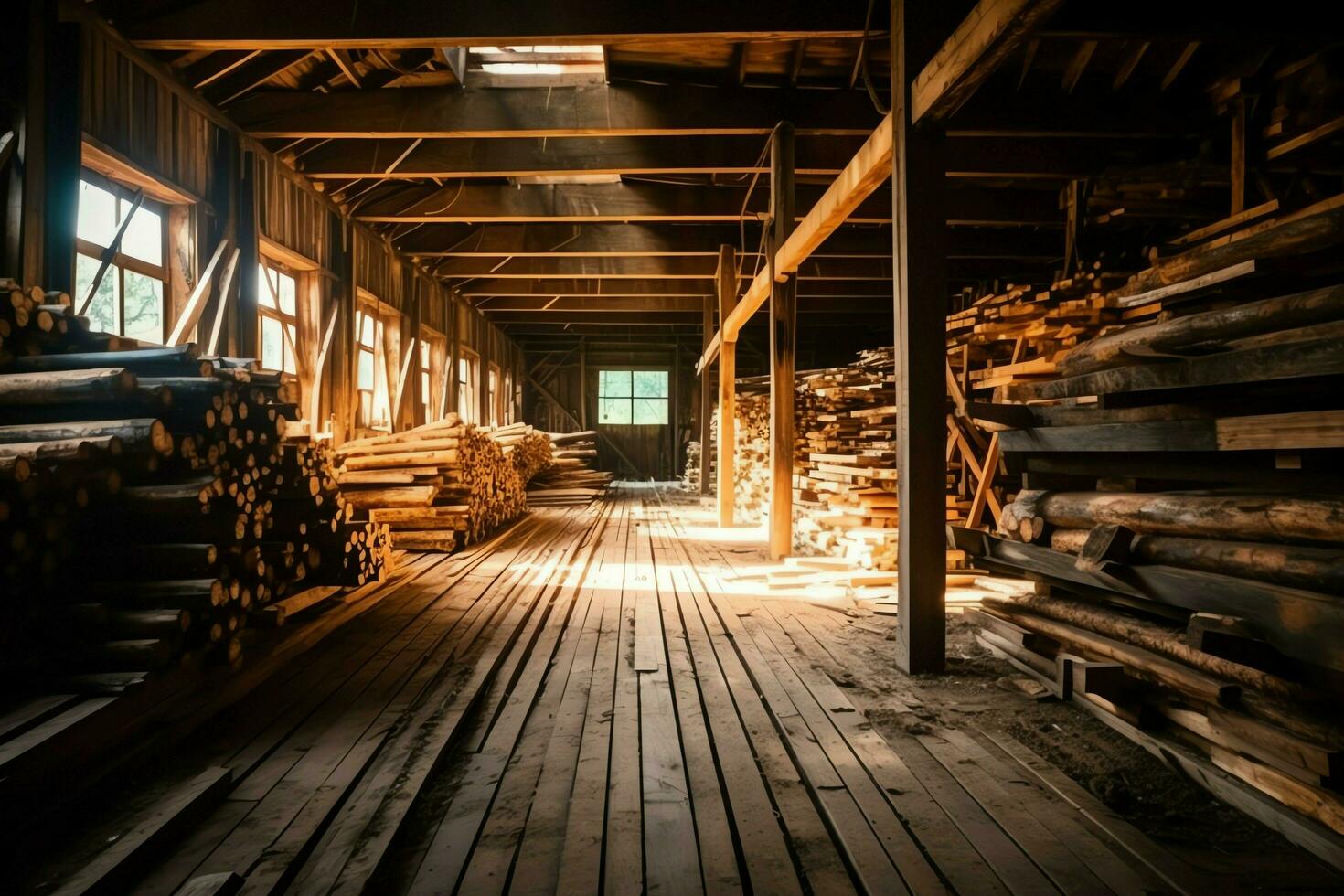 trä- planka eller styrelse i de virke kvarn industri. stack av loggar och trä i de sågverk produktion begrepp förbi ai genererad foto