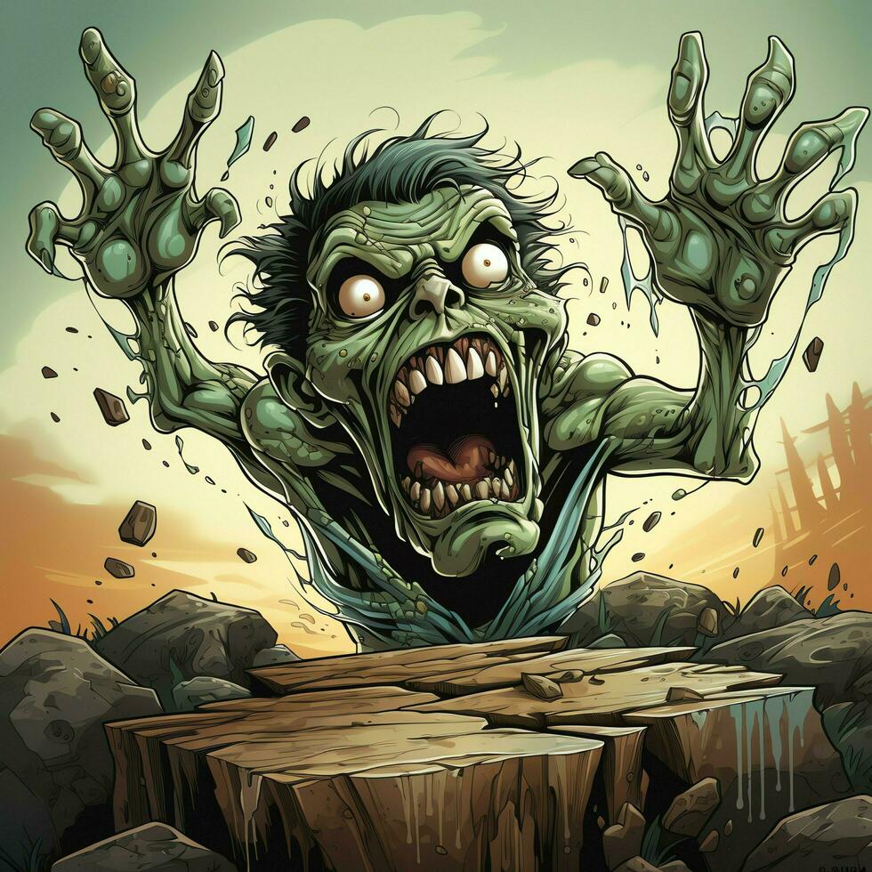en kuslig zombie i tecknad serie stil. en skrämmande zombie uppståndelse och krypande för halloween firande. halloween begrepp förbi ai genererad foto