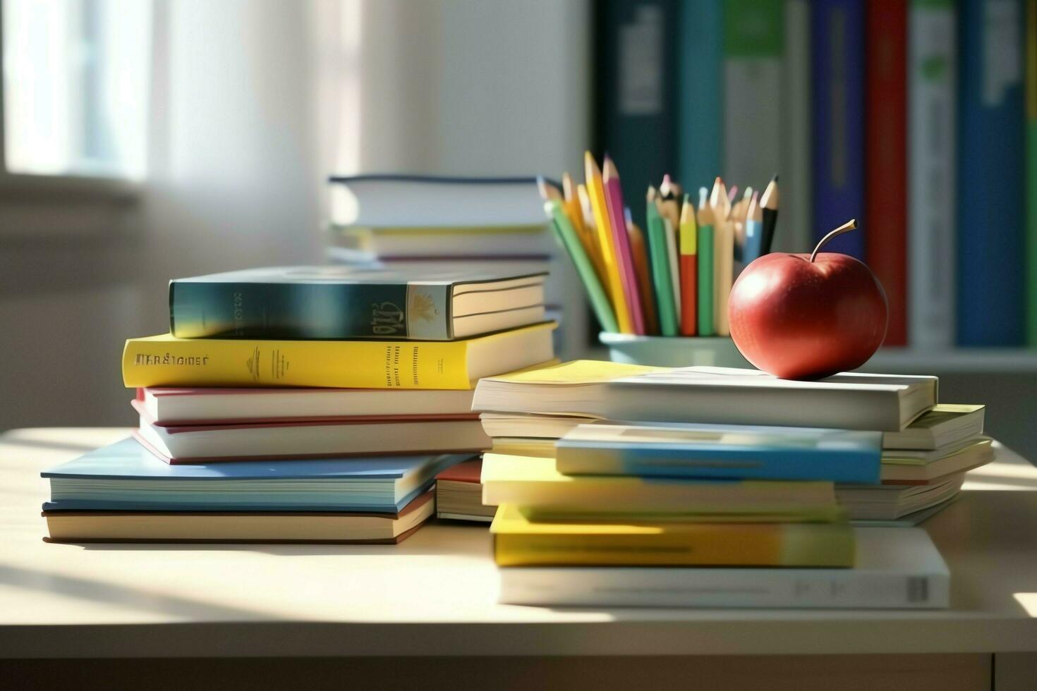 en bok lugg stänga upp på en studie skrivbord. främre se lugg bok. för festival av värld bok dag, nationell bok dag eller nationell utbildning dag. stack av färgrik böcker på studie tabell förbi ai genererad foto