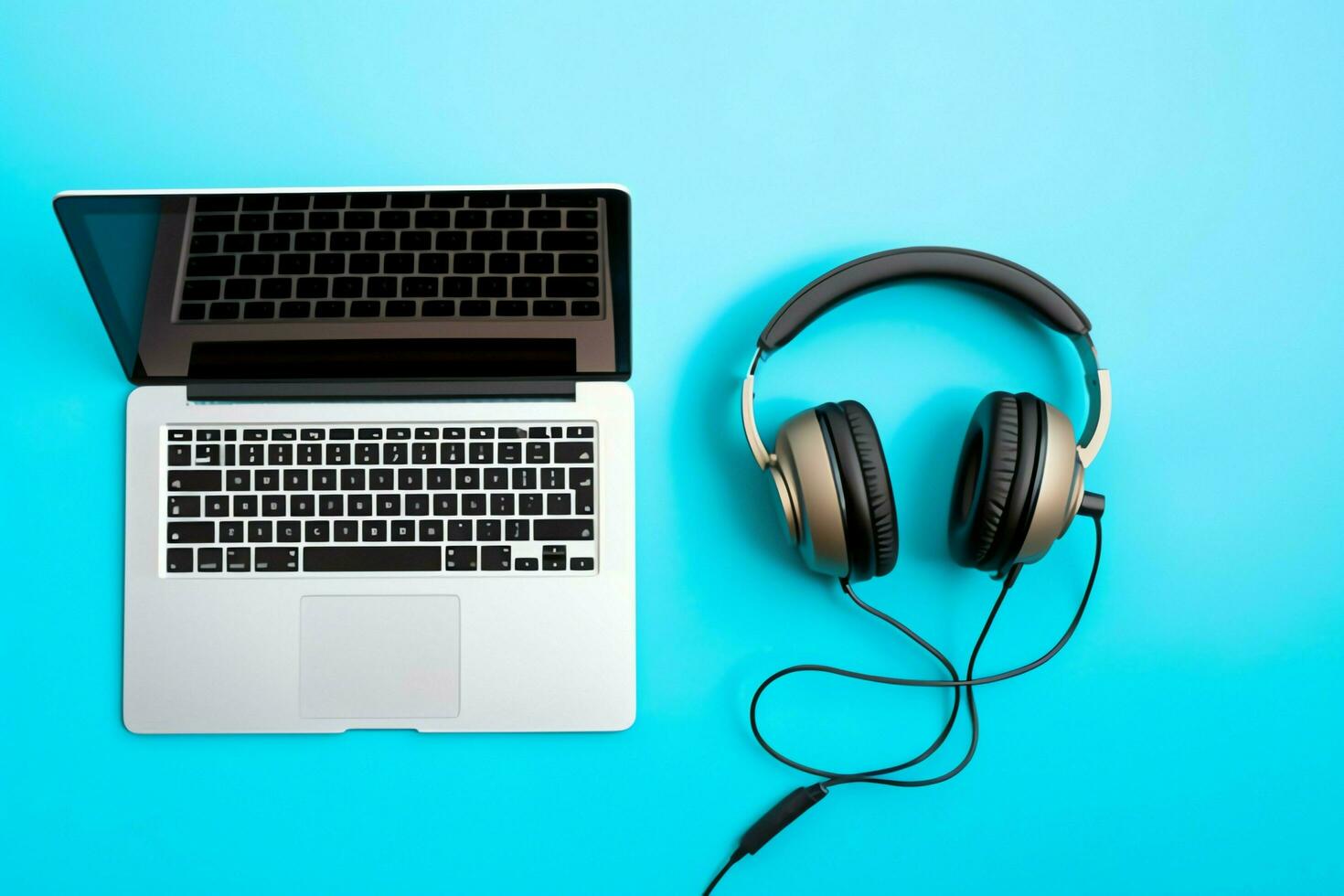 musik eller podcast bakgrund med elektronisk enheter, hörlurar, kaffe och bärbar dator på kontor skrivbord begrepp förbi ai genererad foto