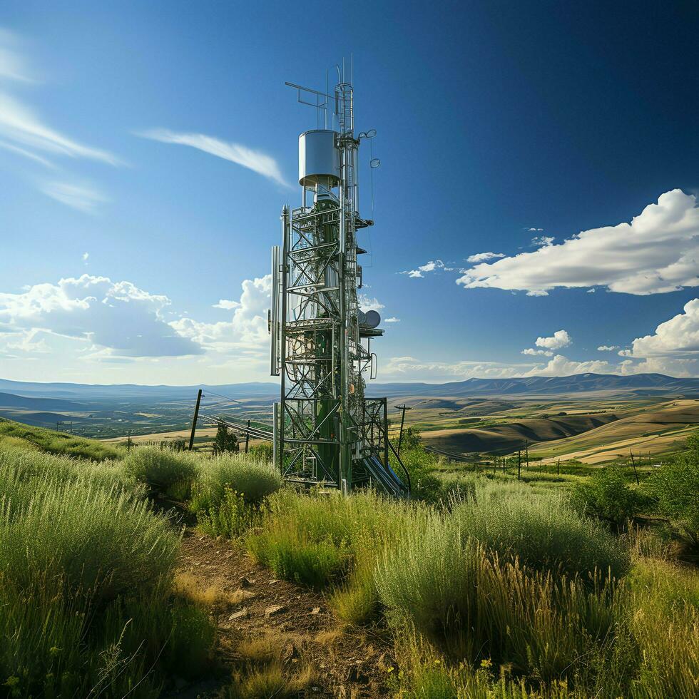 skön se hög Spänning elektrisk eller telekommunikation antenn trådlös torn med grön fält begrepp förbi ai genererad foto