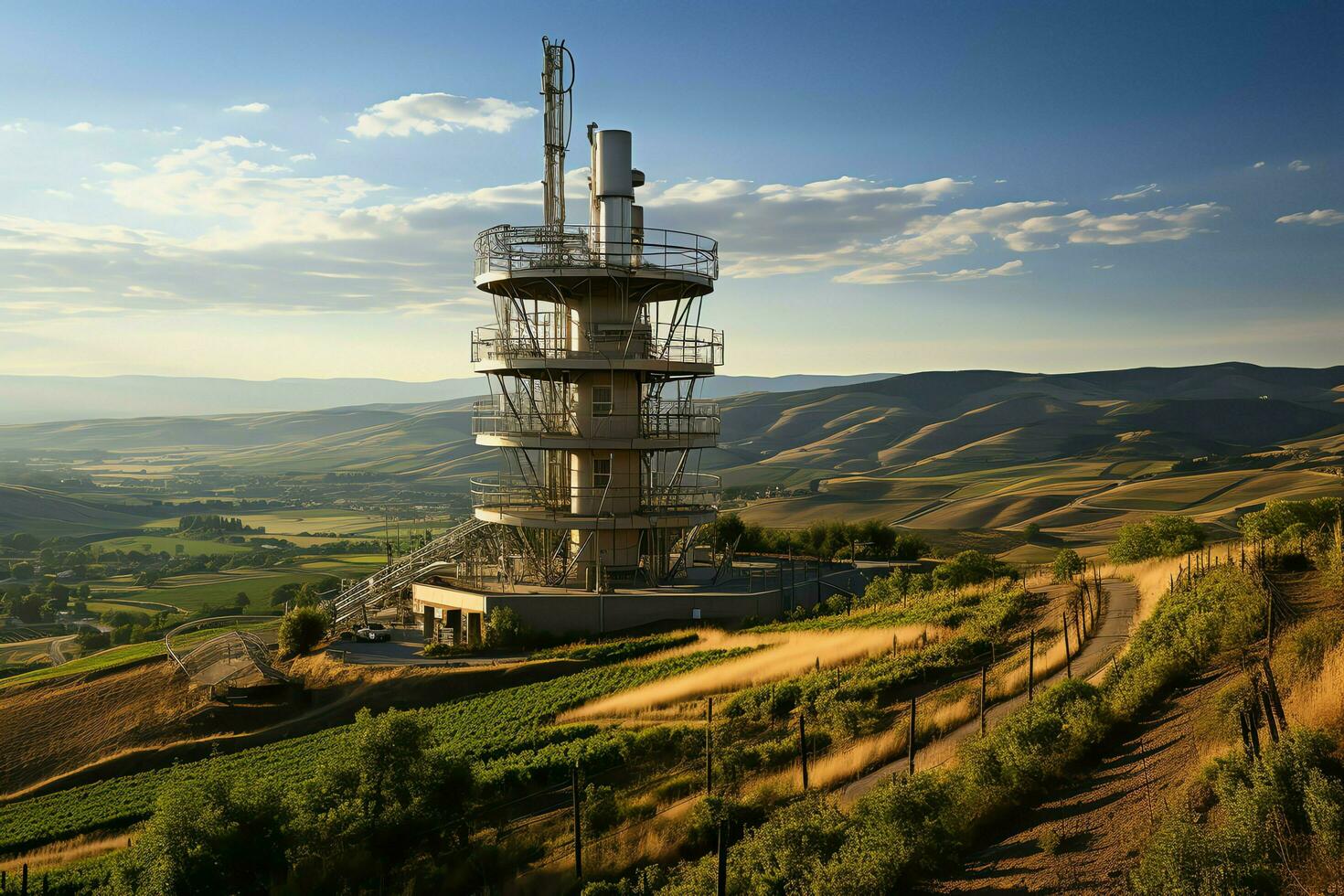 skön se hög Spänning elektrisk eller telekommunikation antenn trådlös torn med grön fält begrepp förbi ai genererad foto