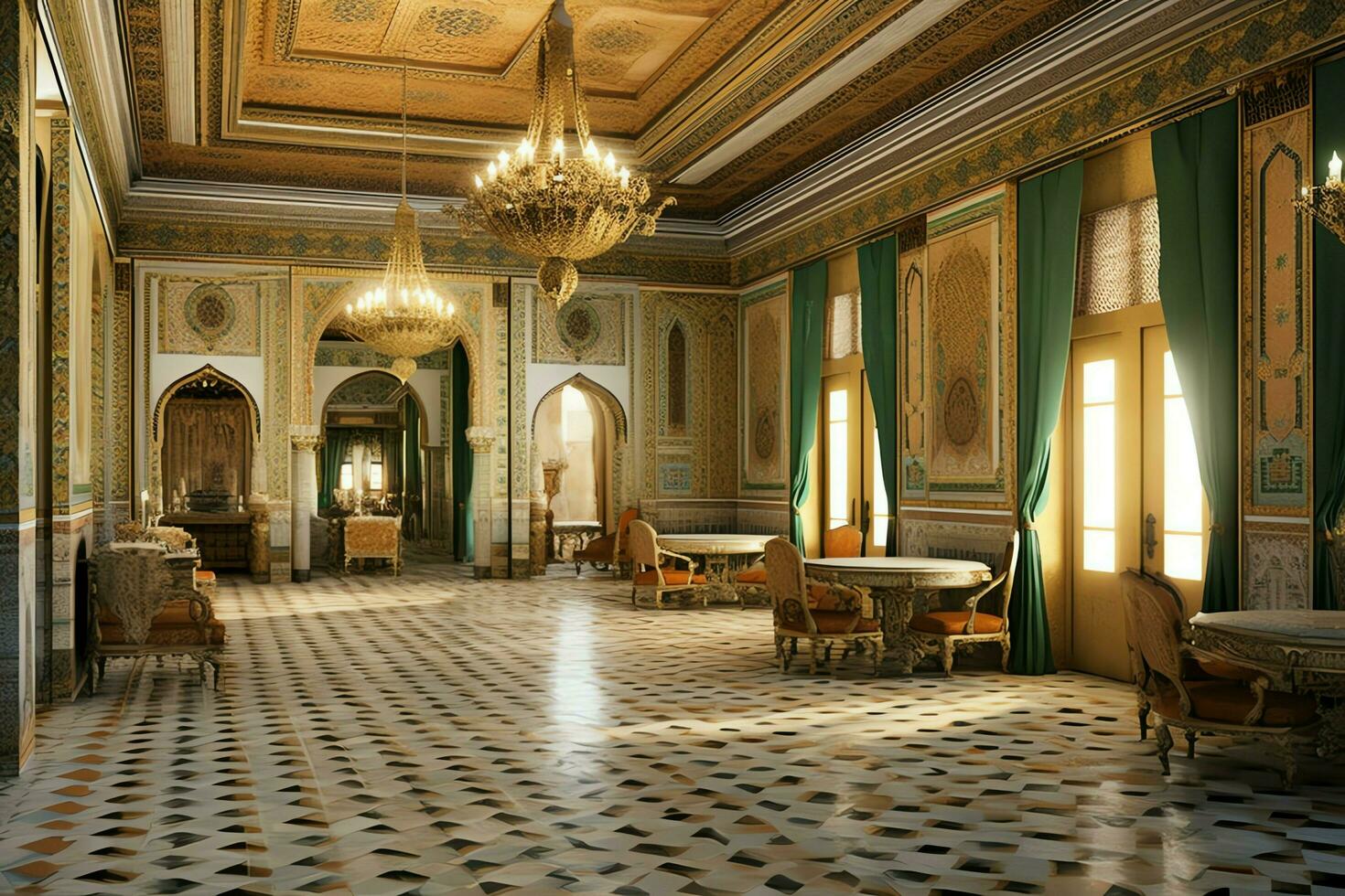 mycket lyxig rum och stor med väggar dekorerad med marockansk mosaik. rum i traditionell islamic begrepp förbi ai genererad foto