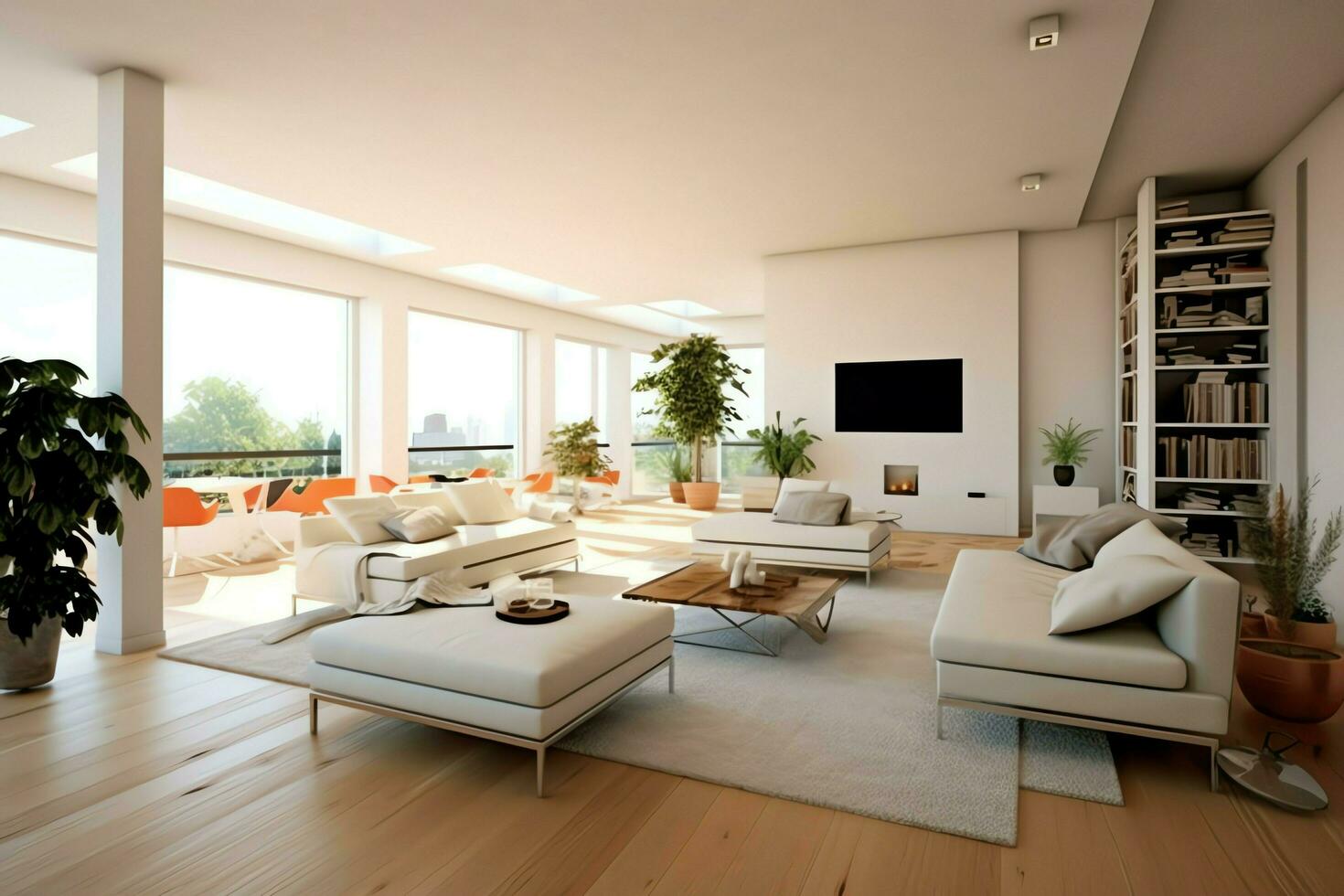 modern lägenhet interiör i levande design med arbetssätt tabell och bokhylla. lyx Hem scandinavian begrepp förbi ai genererad foto