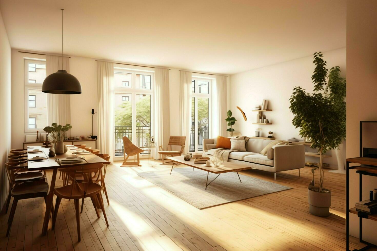 modern lägenhet interiör i levande design med arbetssätt tabell och bokhylla. lyx Hem scandinavian begrepp förbi ai genererad foto