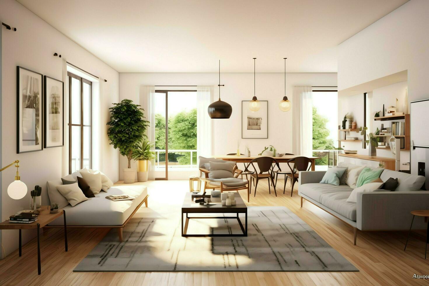 modern lägenhet interiör i levande design med arbetssätt tabell och bokhylla. lyx Hem scandinavian begrepp förbi ai genererad foto