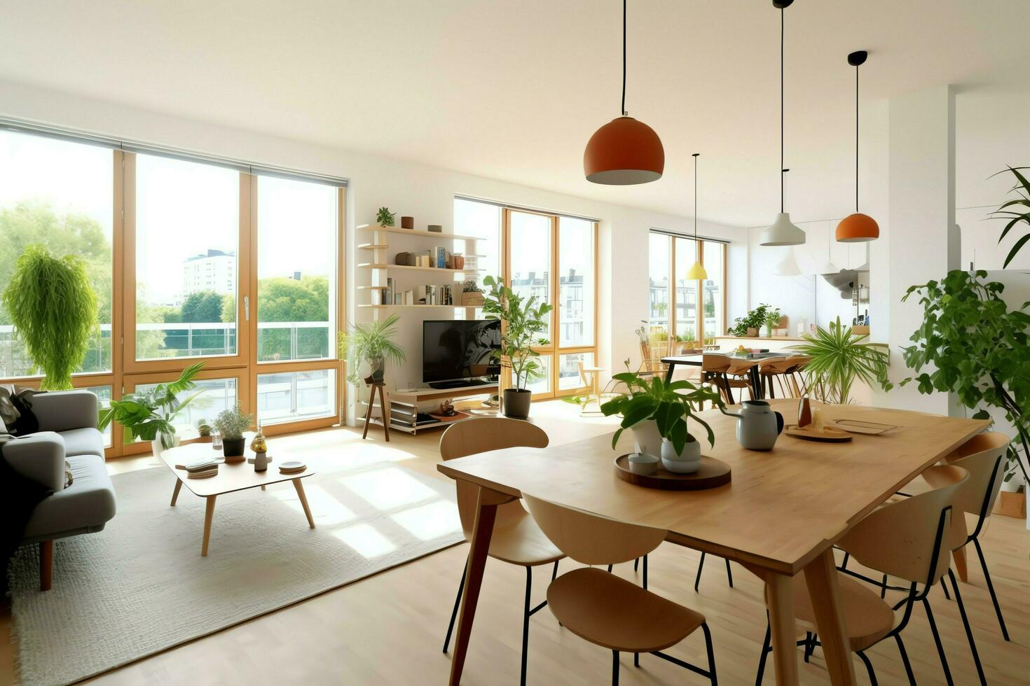 modern lägenhet interiör i levande design med arbetssätt tabell och bokhylla. lyx Hem scandinavian begrepp förbi ai genererad foto