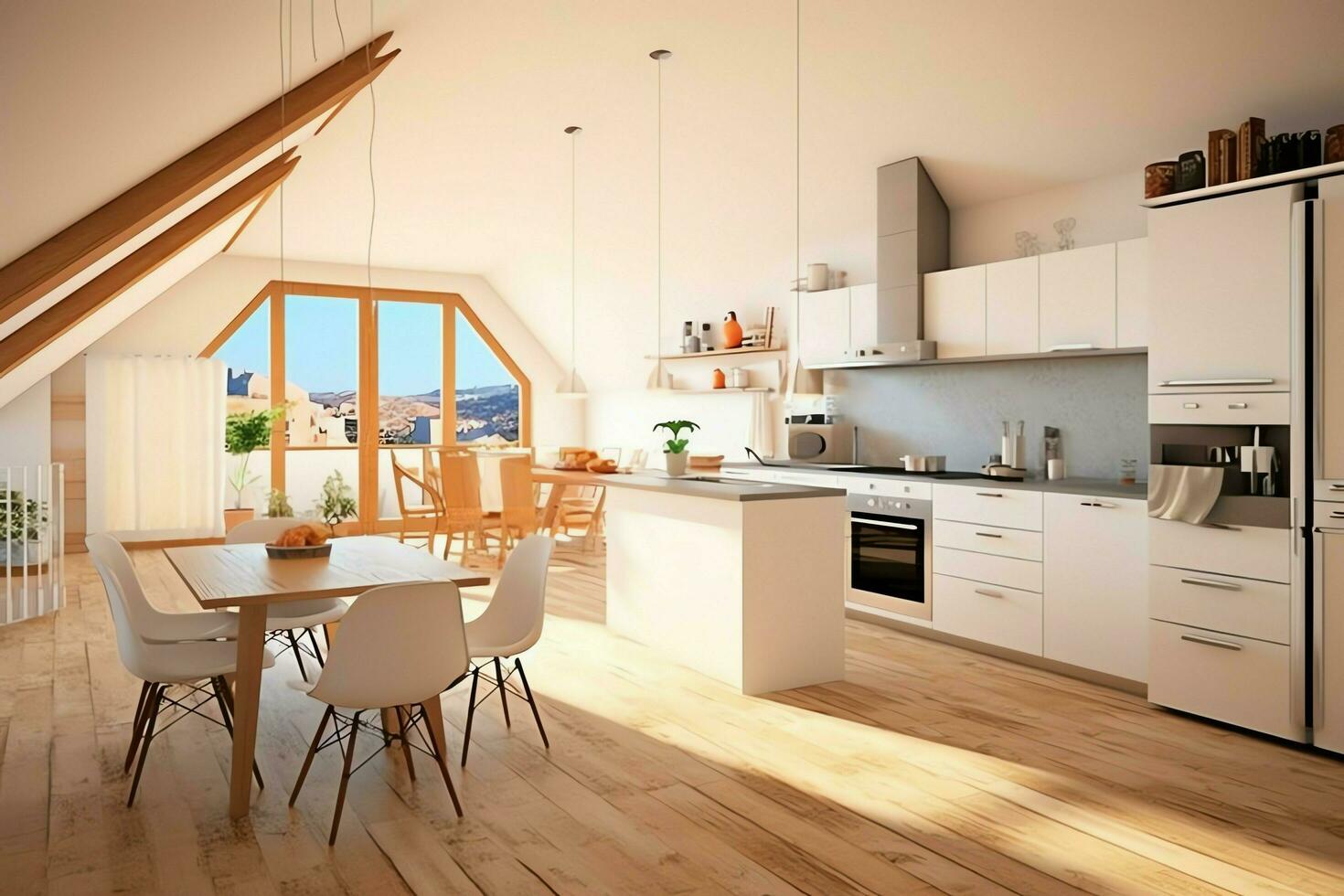 modern kök interiör design i lägenhet eller hus med möbel. lyx kök Hem scandinavian begrepp förbi ai genererad foto