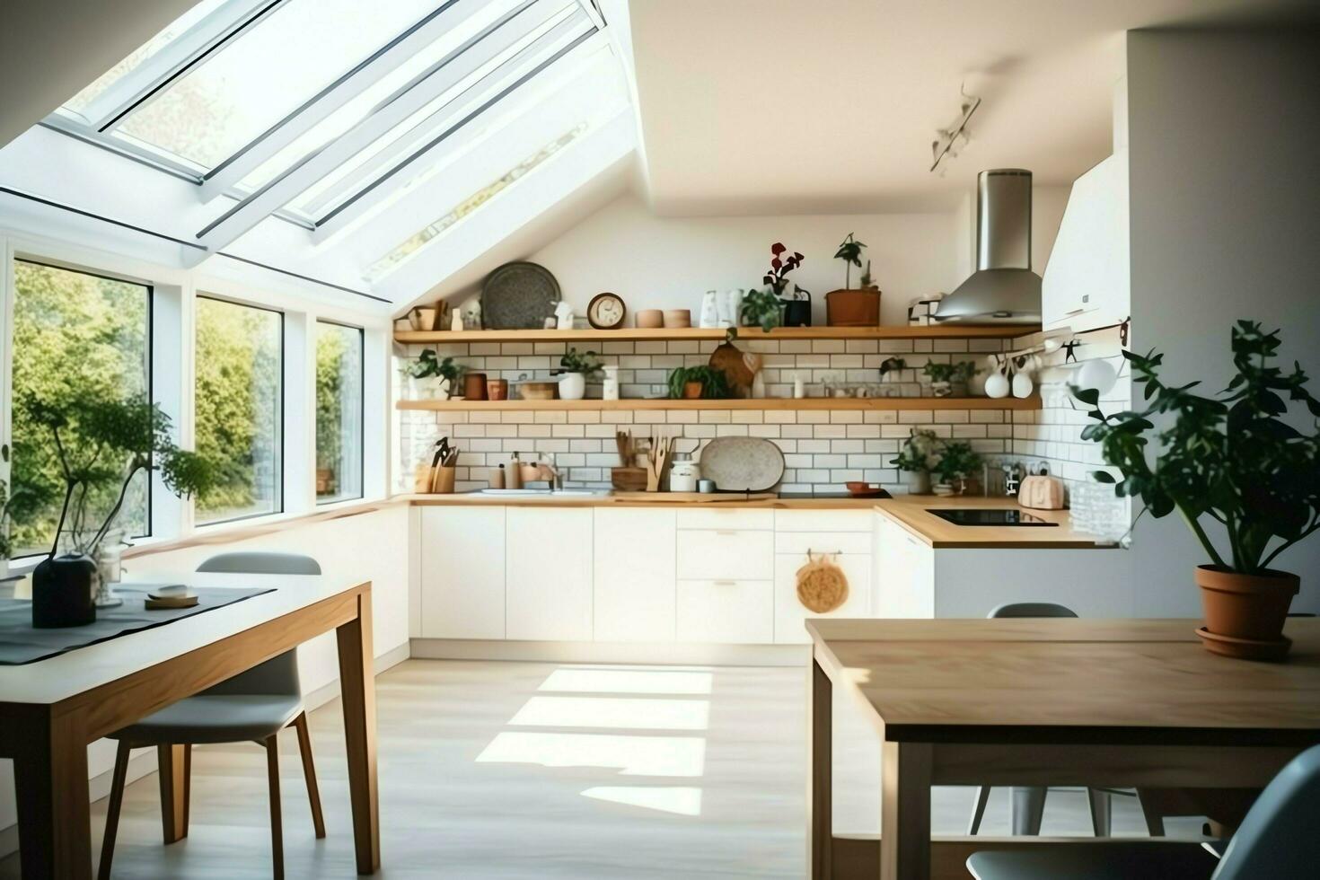 modern kök interiör design i lägenhet eller hus med möbel. lyx kök Hem scandinavian begrepp förbi ai genererad foto