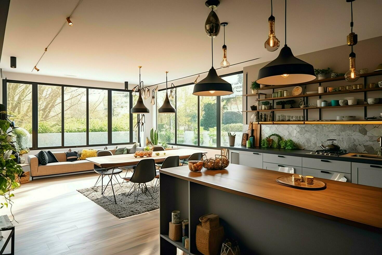 modern kök interiör design i lägenhet eller hus med möbel. lyx kök Hem scandinavian begrepp förbi ai genererad foto