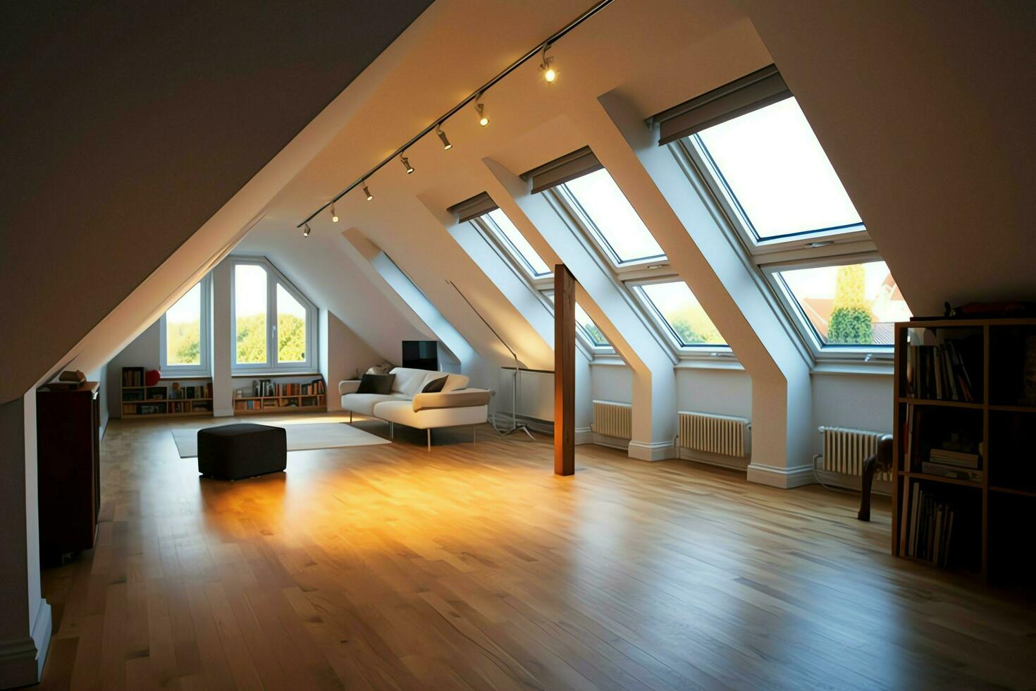 modern vindskupor loft omvandling interiör design i lägenhet eller hus på Storbritannien. lyx triangel vinden rum begrepp förbi ai genererad foto