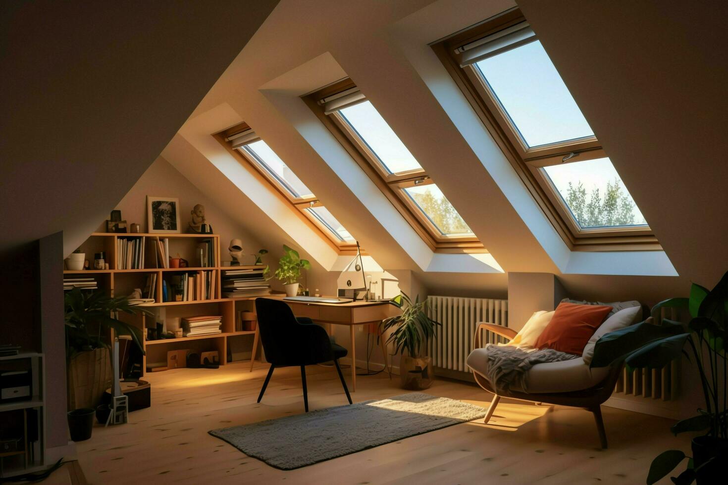 modern vindskupor loft omvandling interiör design i lägenhet eller hus på Storbritannien. lyx triangel vinden rum begrepp förbi ai genererad foto