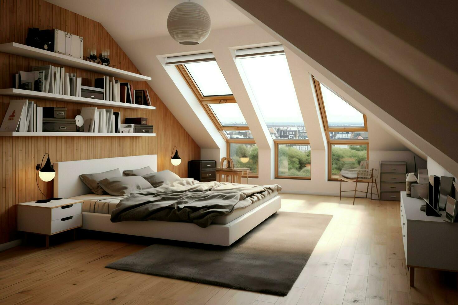 modern vindskupor loft omvandling interiör design i lägenhet eller hus på Storbritannien. lyx triangel vinden rum begrepp förbi ai genererad foto