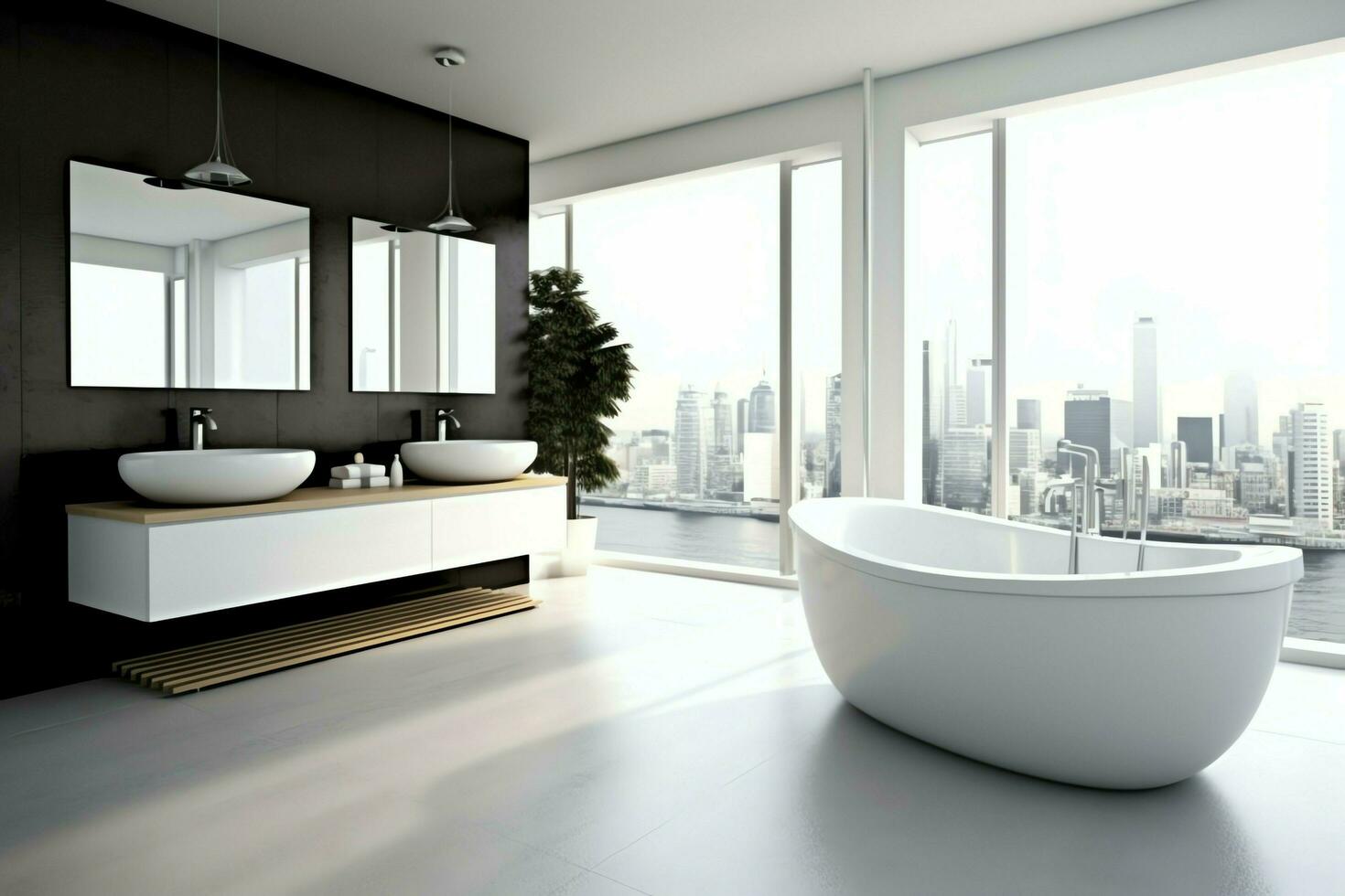 interiör design av en trevlig modern badrum. 3d tolkning modern toalett eller badrum i hotell eller hus begrepp förbi ai genererad foto