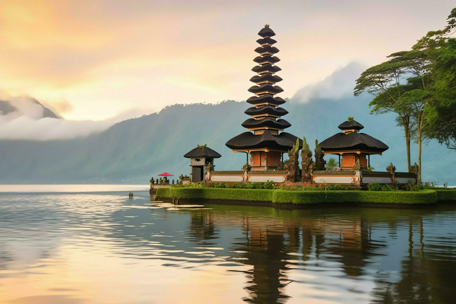 gammal pura ulun danu bratan, Besakih eller känd hindu tempel och turist i bali ö på soluppgång begrepp förbi ai genererad foto