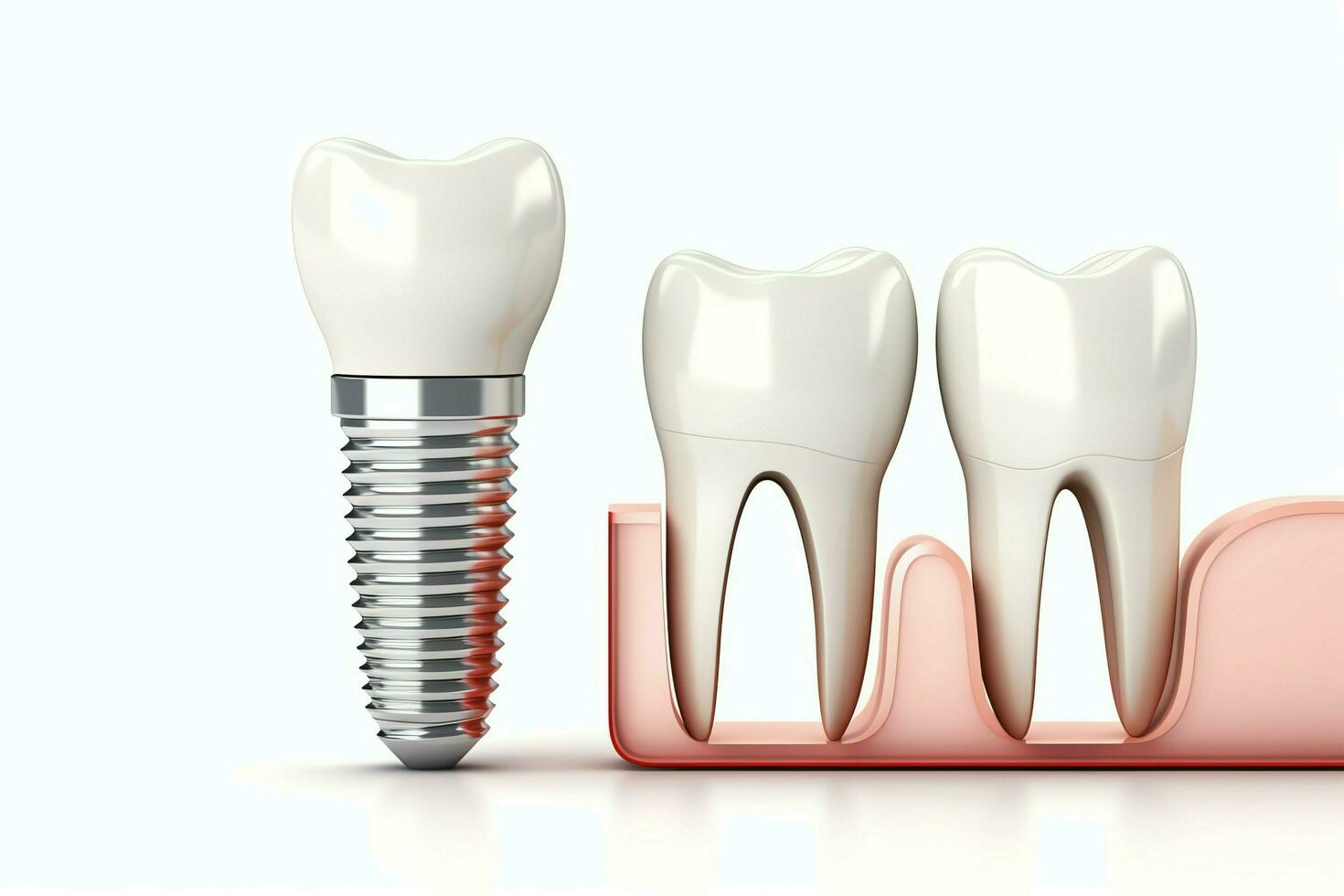 stänga upp av en dental tand implantera eller friska mänsklig tänder. vit emalj och dental implantat kirurgi begrepp förbi ai genererad foto