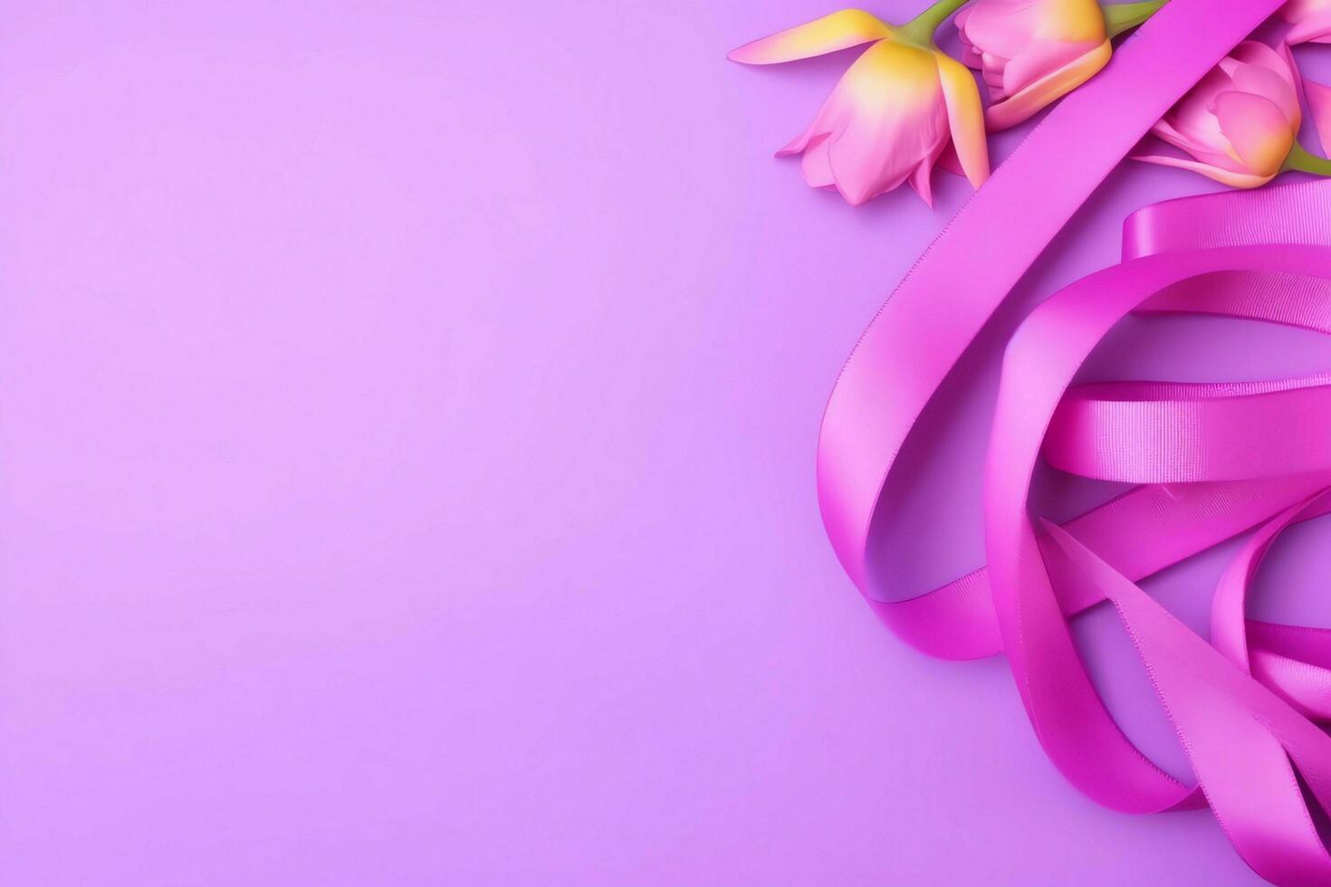 rosa eller lila band som bröst cancer eller epilepsi medvetenhet symbol och kopia Plats. värld cancer dag begrepp förbi ai genererad foto