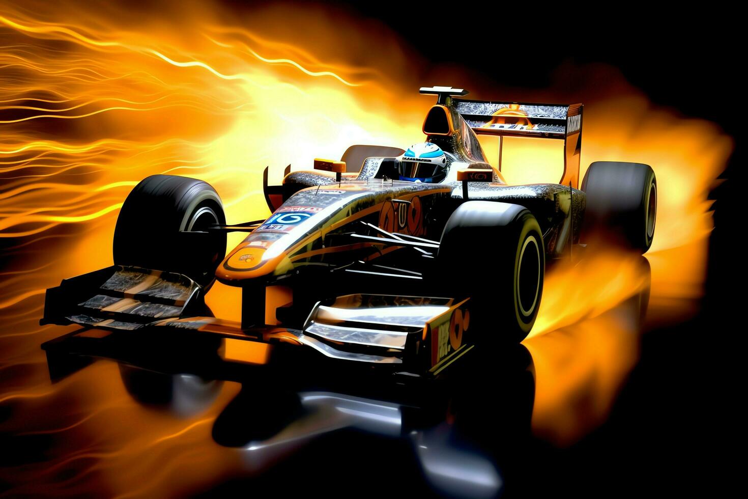 snabb tävlings bil och pilot i formel ett mästare tävlingar med hastighet och flamma. motorsport bil begrepp förbi ai genererad foto