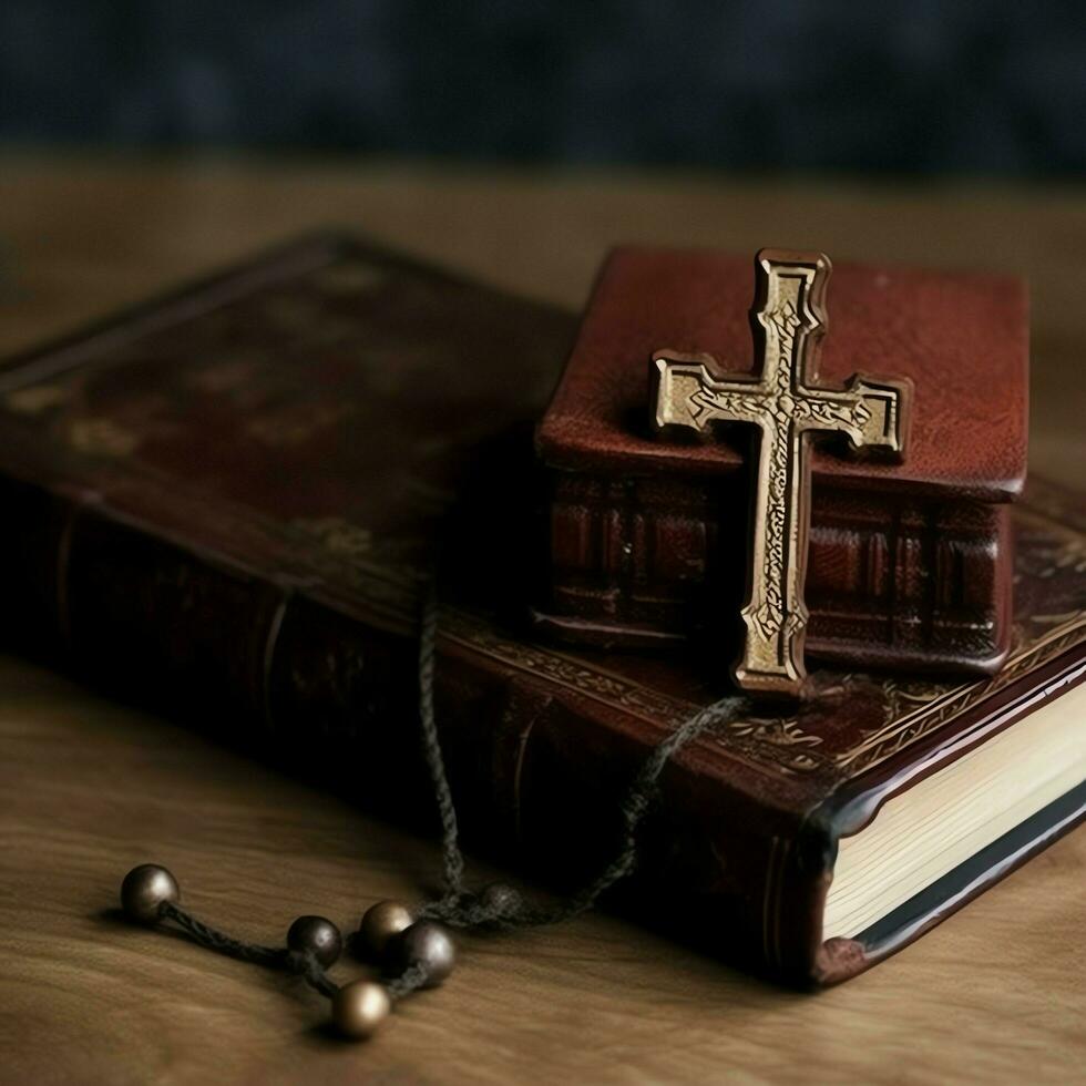 stänga upp av en helig bibel och kristen korsa på trä- tabell. Lycklig Bra fredag eller religion begrepp förbi ai genererad foto