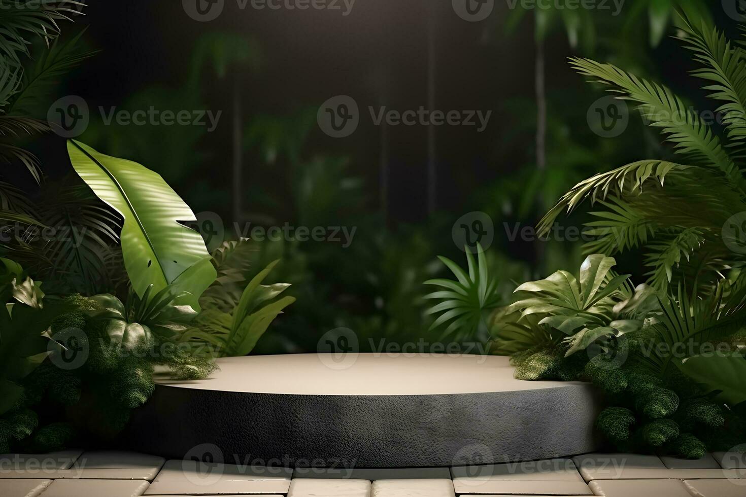 3d sten podium plattform i tropisk växter dekoration, för presentation visa kosmetika Produkter varumärke, tömma minimal skede identitet och förpackning design, ai generera foto
