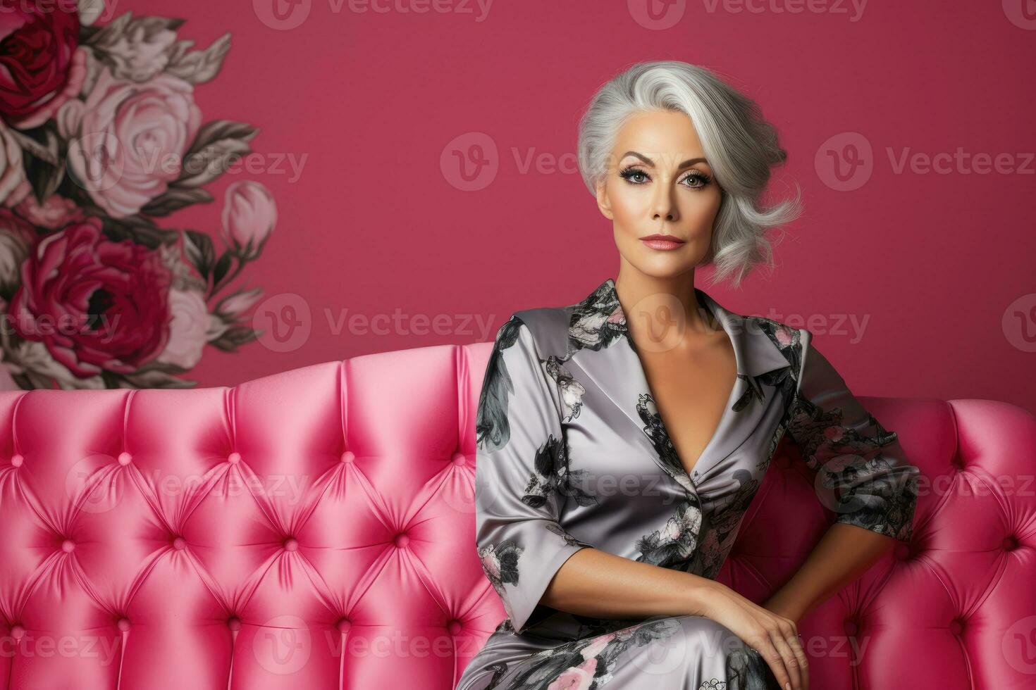 ett åldrig eleganta kvinna med grå hår i en silke kostym är Sammanträde på en rosa soffa. ai genererad foto
