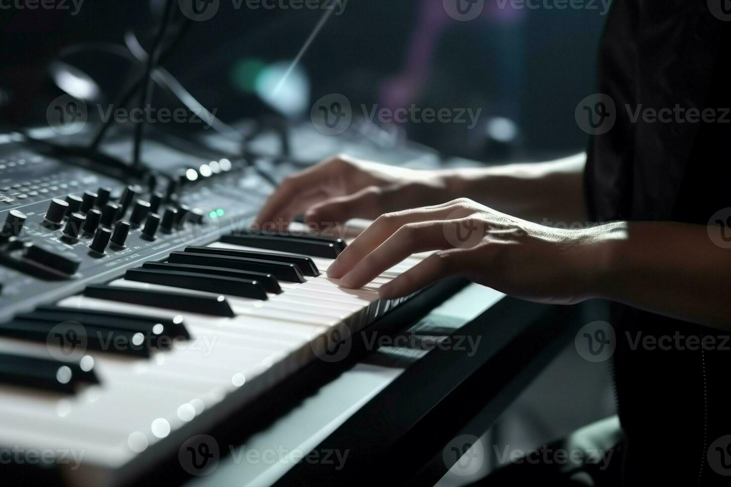 mänsklig händer spelar tangentbord synthesizer. generera ai foto