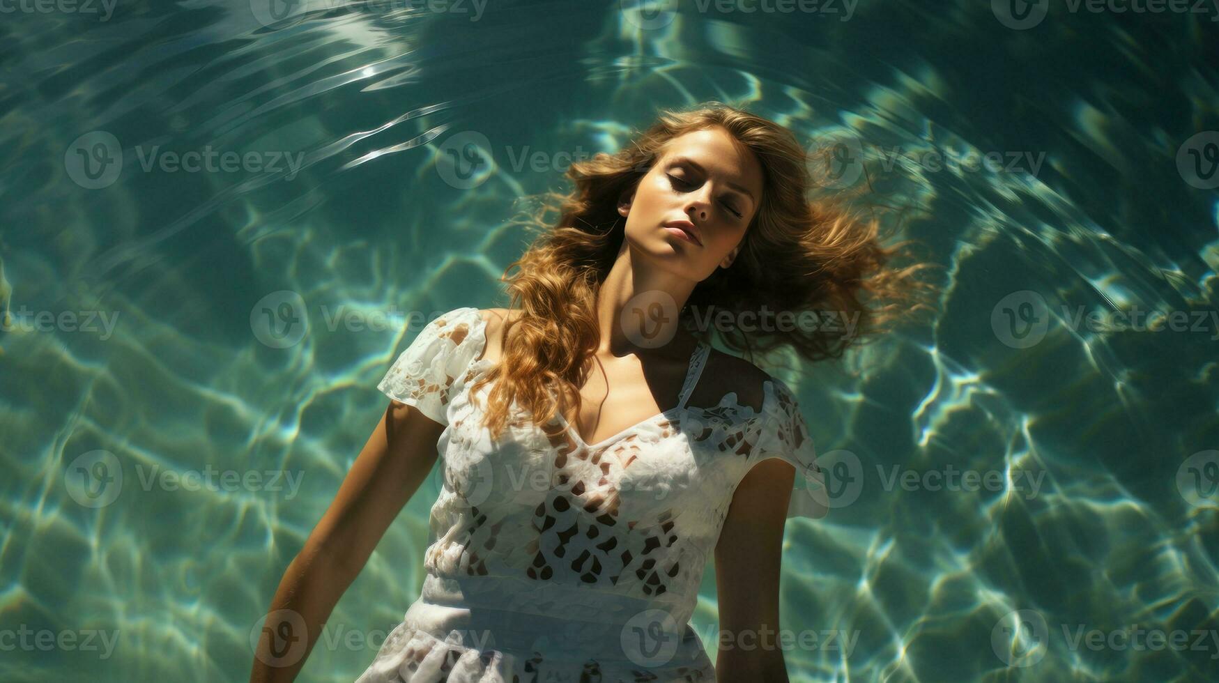 porträtt av ung skön kvinna i vit klänning luying i simning slå samman. fotograferad från ovan simning ansikte upp. foto