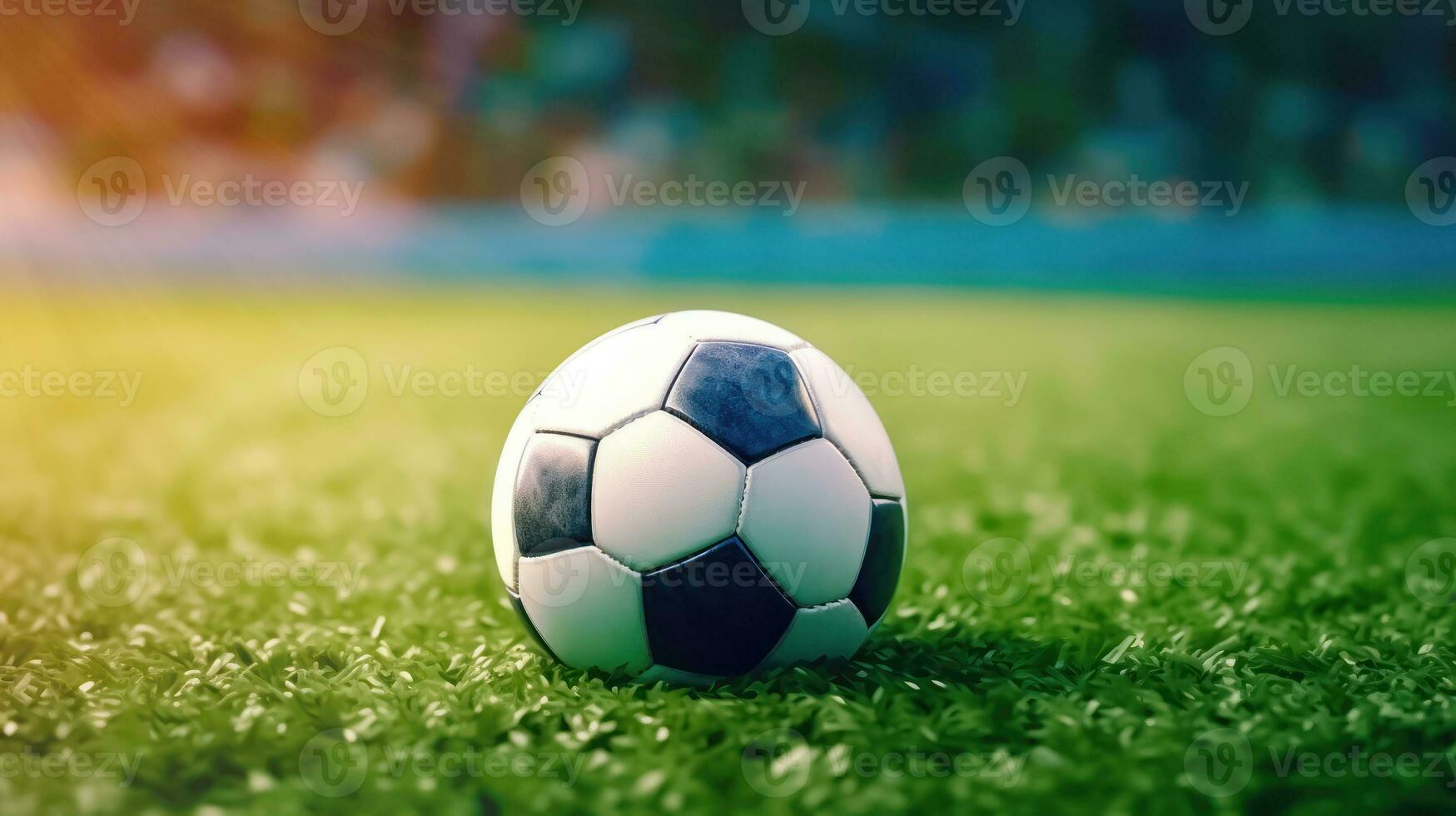 fotboll boll på grön fotboll fält - generativ ai foto