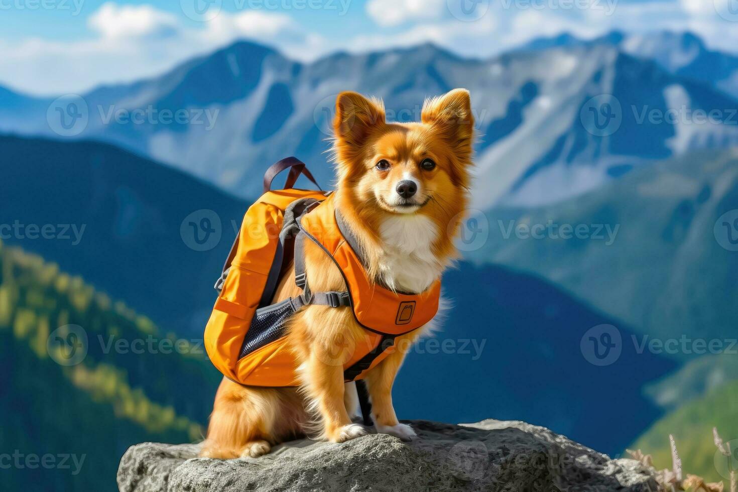 äventyrlig resa - söt hund utforskar berg landskap med ryggsäck - generativ ai foto