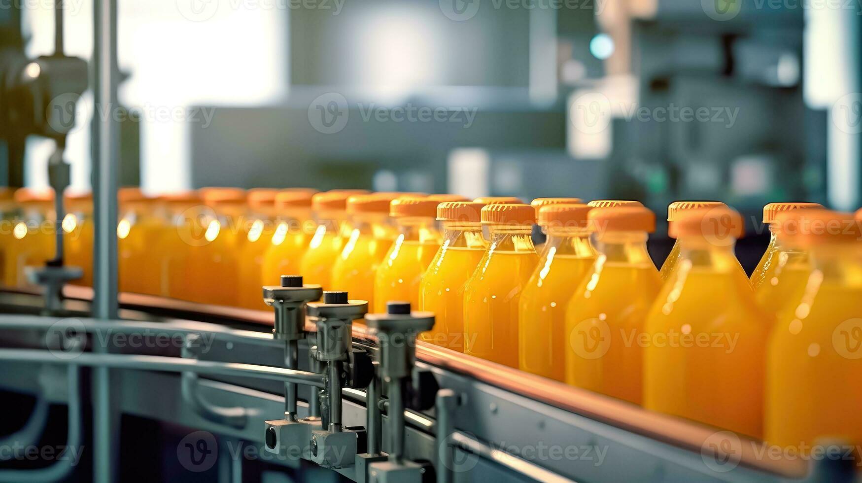 industriell transportband bälte med flaskor av orange juice - kreativ produkt befordran - generativ ai foto