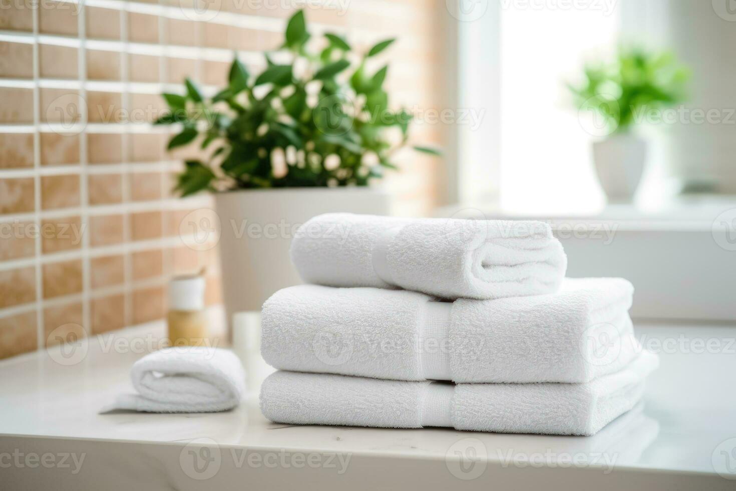 färsk vit handdukar och blommig atmosfär i en ljus badrum - generativ ai foto