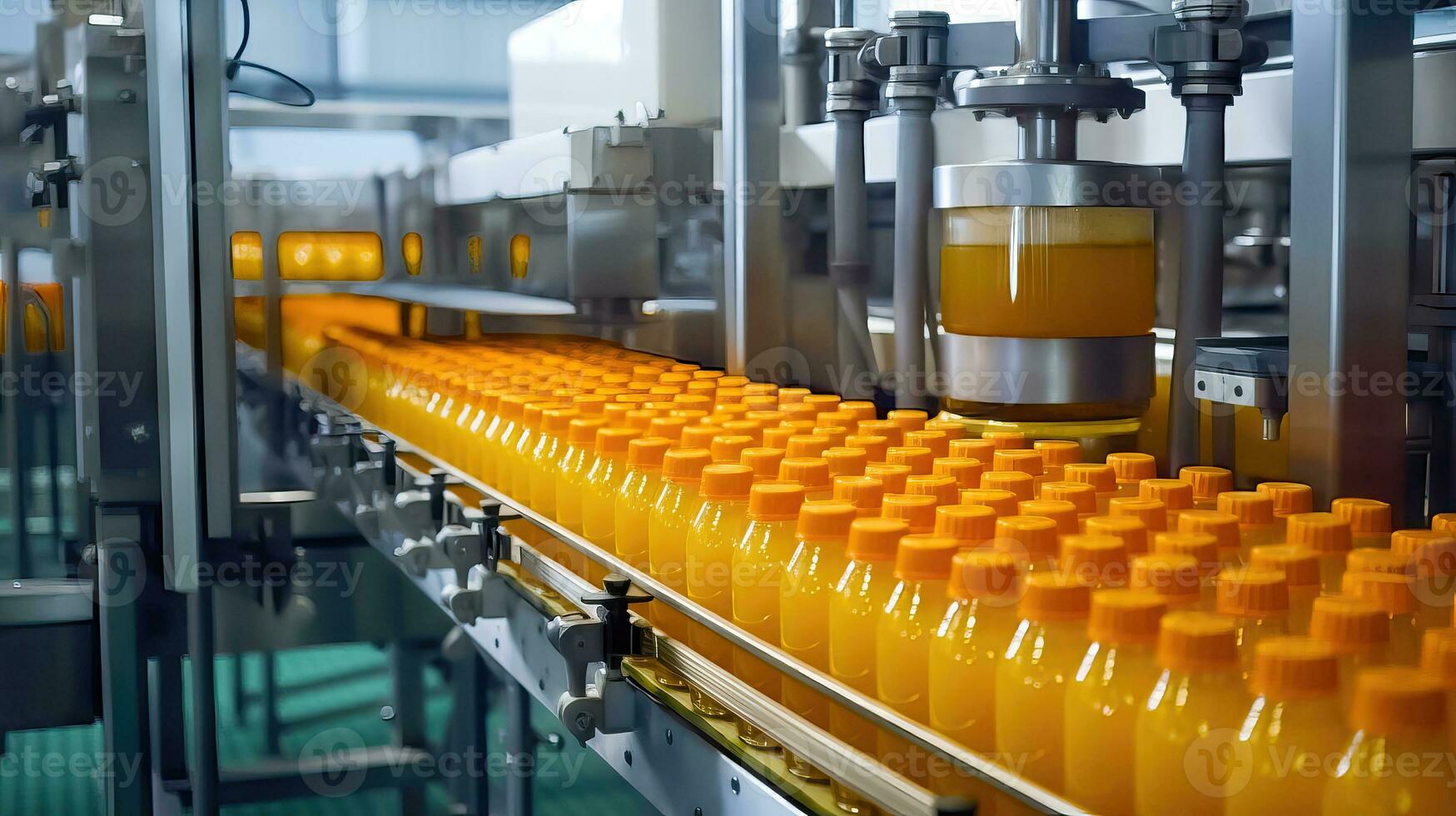 fabrik transportband systemet med flaskor av färsk orange juice - generativ ai foto