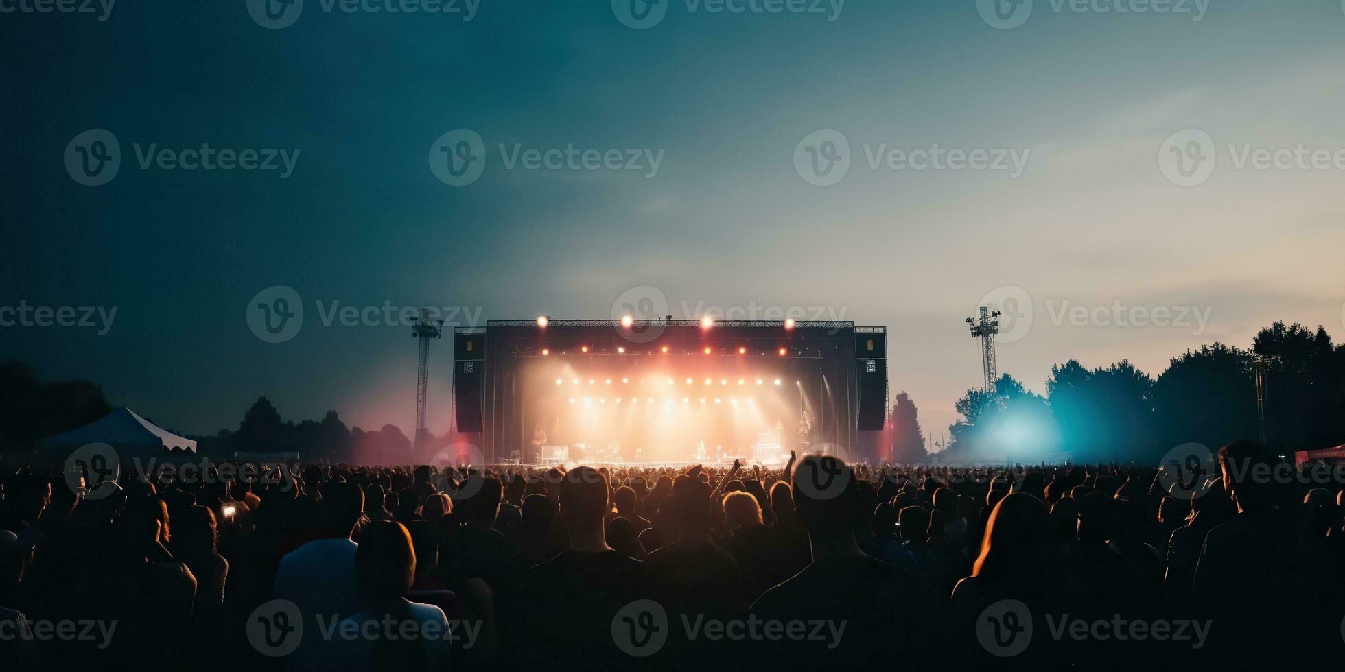 ai genererad. ai generativ. natt öppen luft konsert visa prestanda skede leva musik händelse med många människor runt om. firande roligt fest rave bakgrund. grafisk konst foto