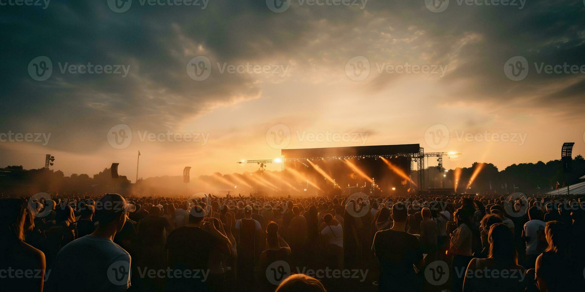 ai genererad. ai generativ. natt öppen luft konsert visa prestanda skede leva musik händelse med många människor runt om. firande roligt fest rave bakgrund. grafisk konst foto