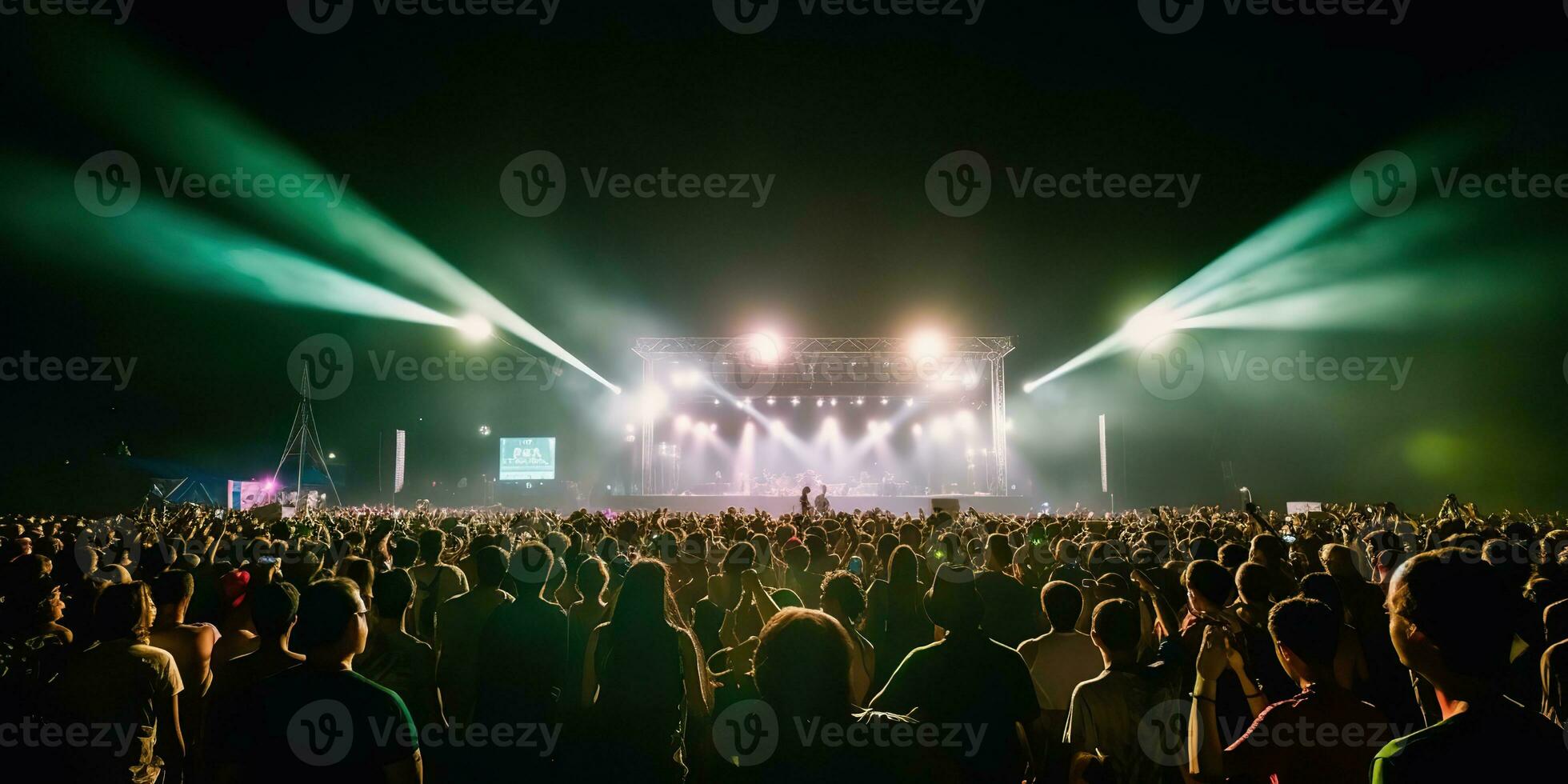 ai genererad. ai generativ. natt öppen luft konsert visa prestanda skede leva musik händelse med många människor runt om. firande roligt fest rave bakgrund. grafisk konst foto