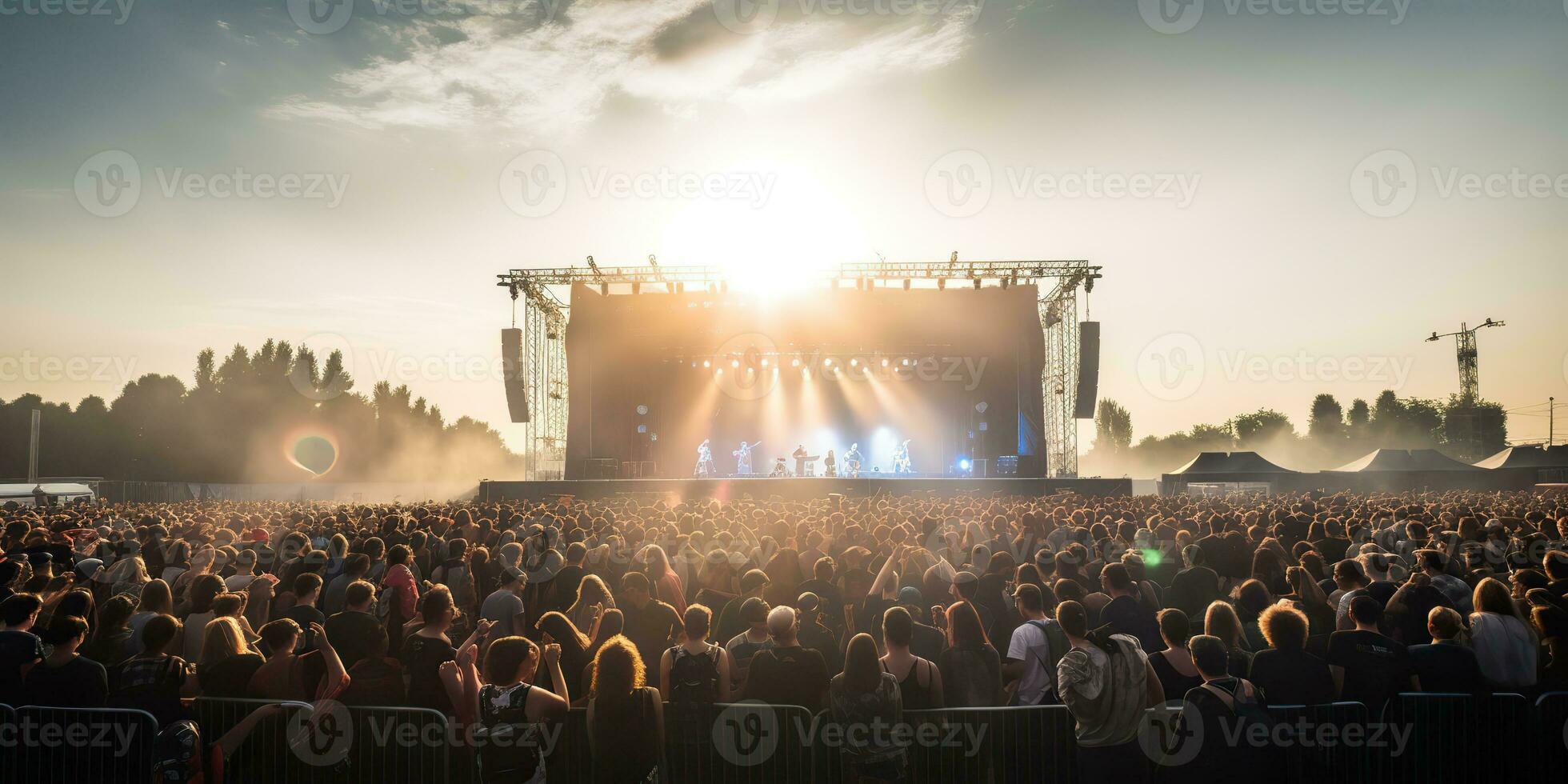 ai genererad. ai generativ. natt öppen luft konsert visa prestanda skede leva musik händelse med många människor runt om. firande roligt fest rave bakgrund. grafisk konst foto