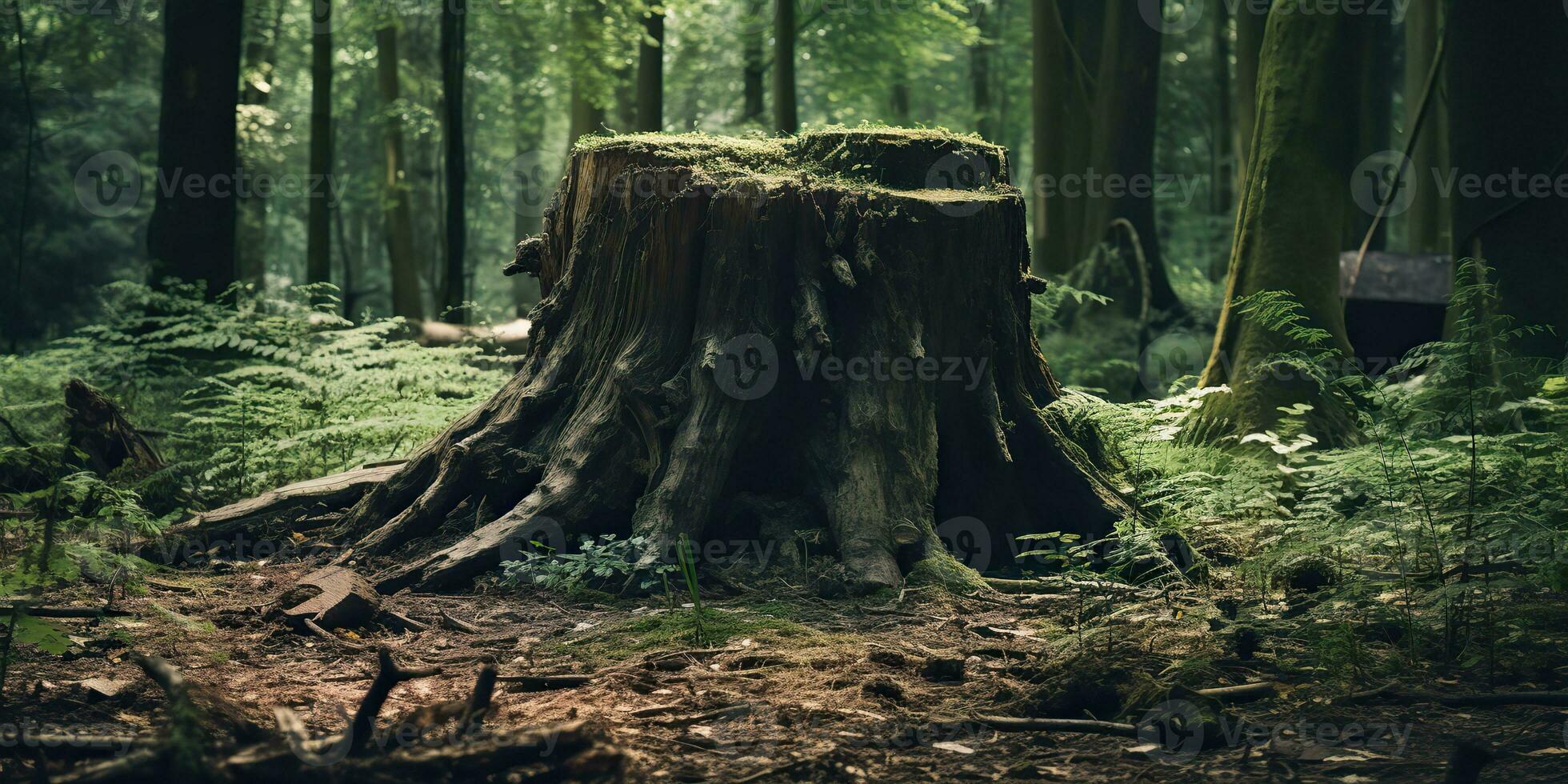 ai genererad. ai generativ. trä- stubbe i de djungel skog. natur utomhus- landskap bakgrund. grafisk konst foto