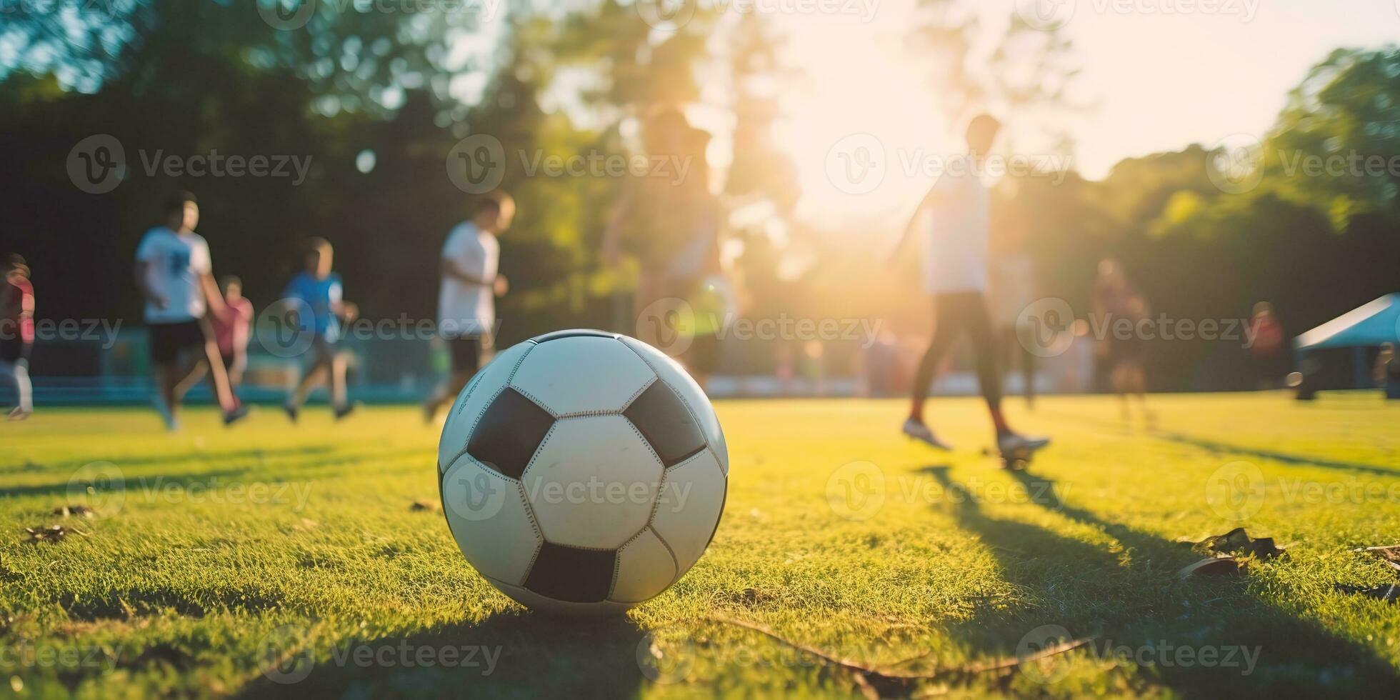 ai genererad. ai generativ. fotboll fotboll spel på grön fält. aktiva sport passa Träning bakgrund. grafisk konst foto