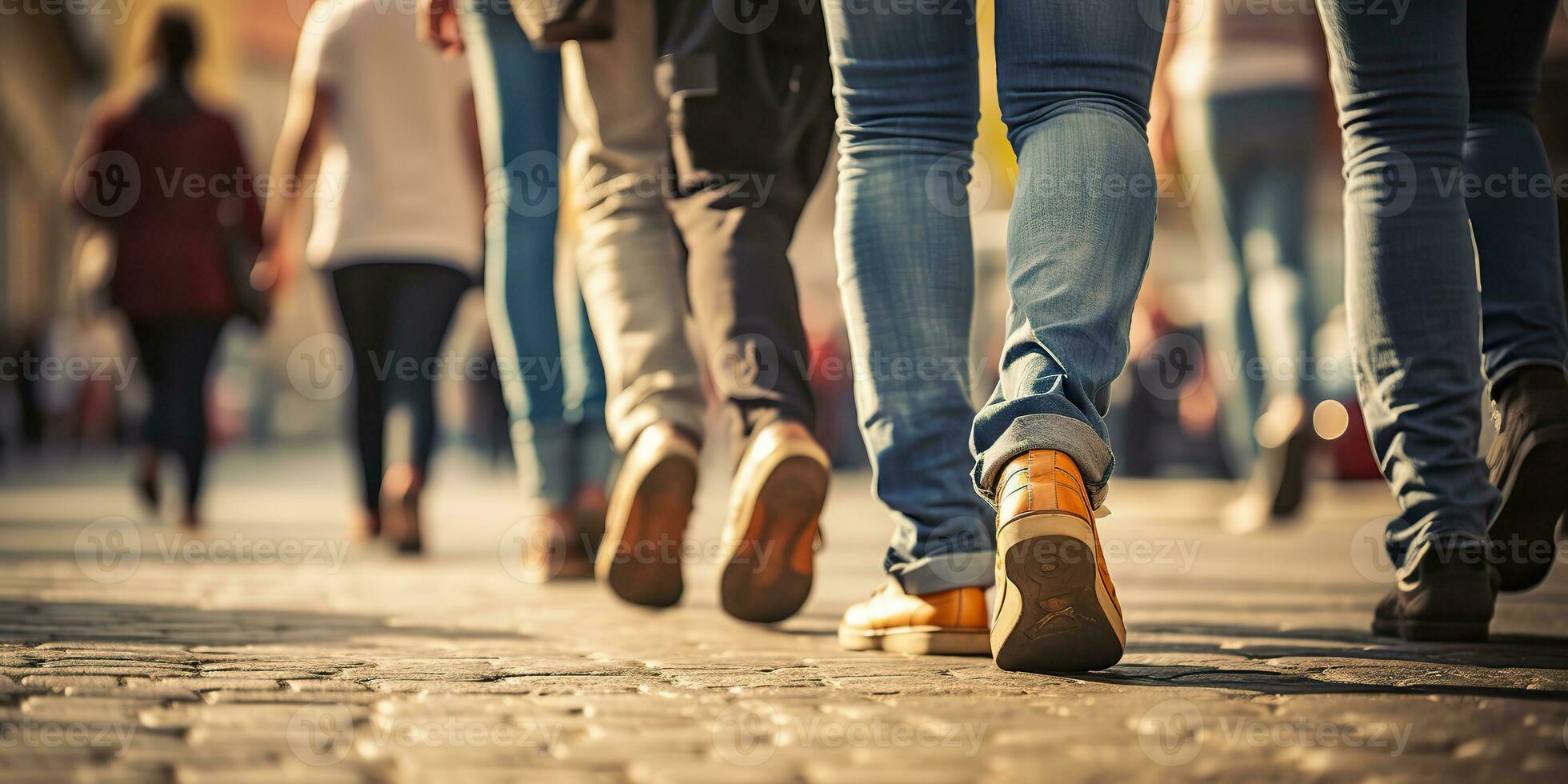 ai genererad. ai generativ. folkmassan människor gående gata ben i skor. stad urban bakgrund. grafisk konst foto