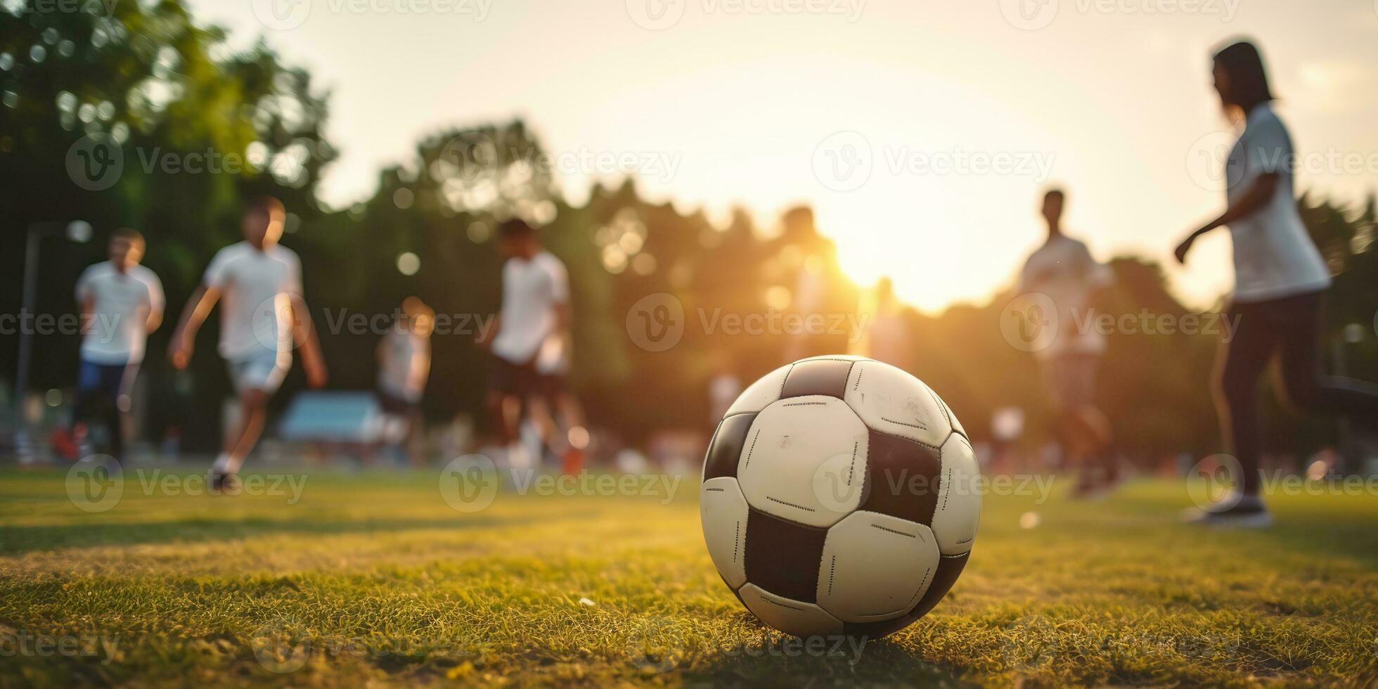 ai genererad. ai generativ. fotboll fotboll spel på grön fält. aktiva sport passa Träning bakgrund. grafisk konst foto
