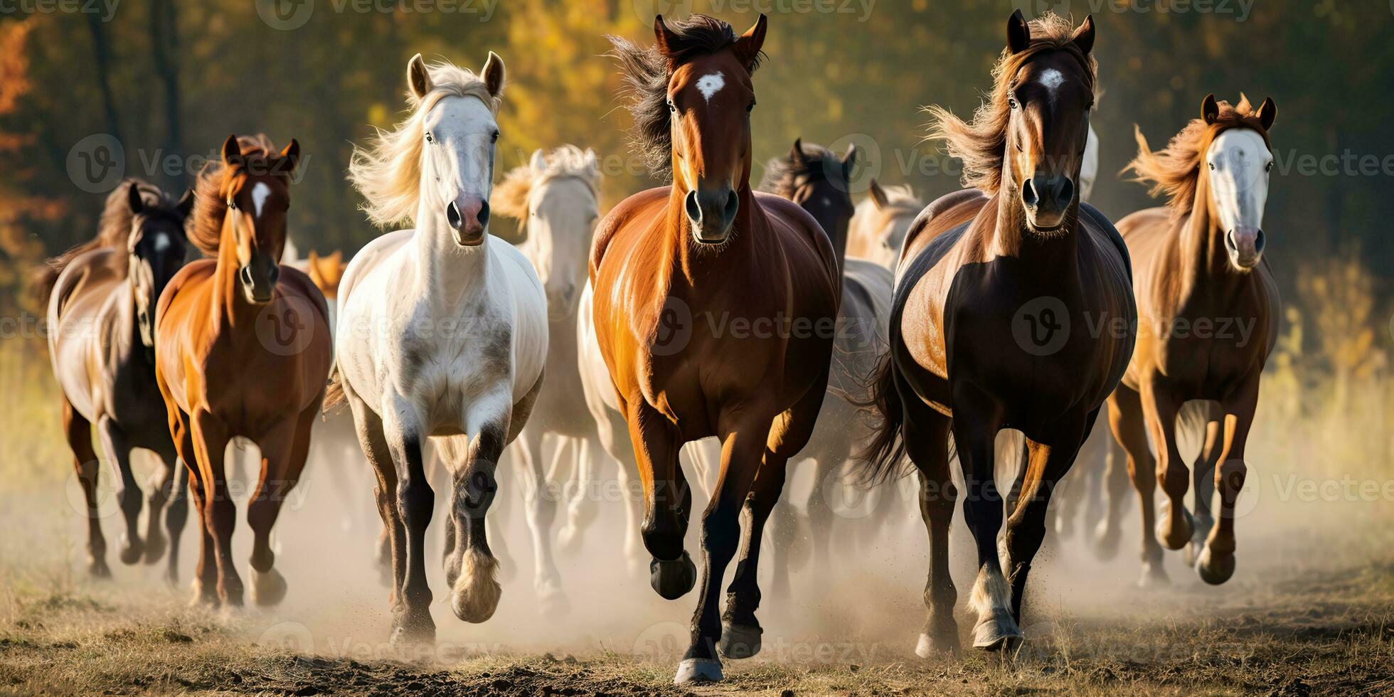 ai genererad. ai generativ. grupp av hästar löpning utomhus- natur bakgrund. vild liv djur- dekoration. grafisk konst foto