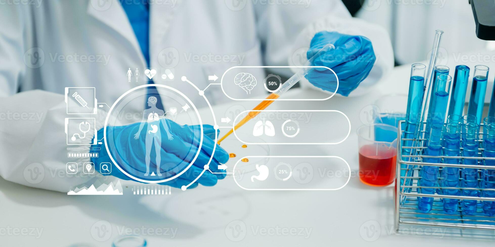 dna molekyl testning begrepp. de läkare i en mask undersöker dna molekyler på de kemisk laboratorium med virtuell ikon foto